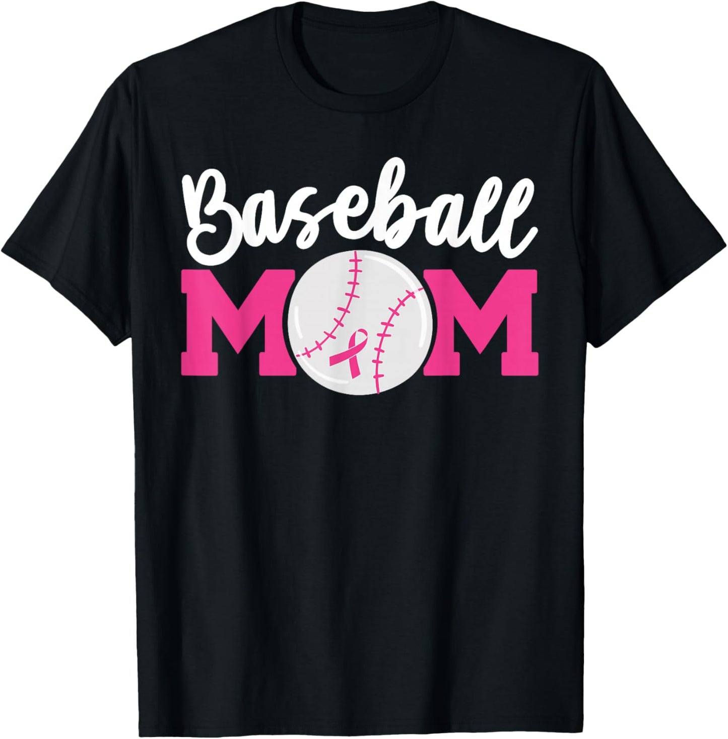 Baseball Mom Pink Ribbon Breast Cancer Awareness Fighters T-Shirt - T-Shirt | Black