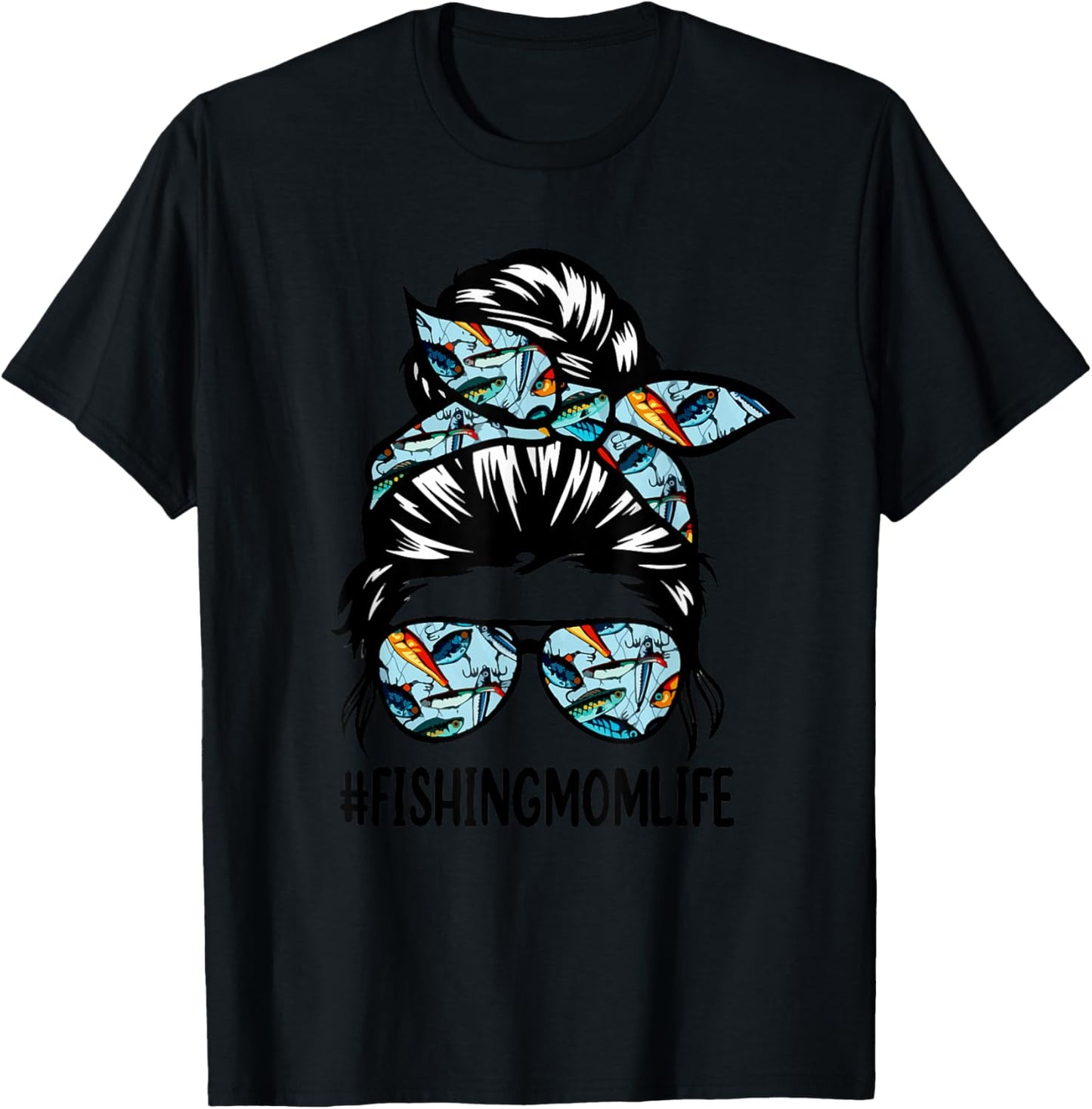 Fishing mom life Messy Bun Mom Funny Fishing Mom T-Shirt - T-Shirt | Black