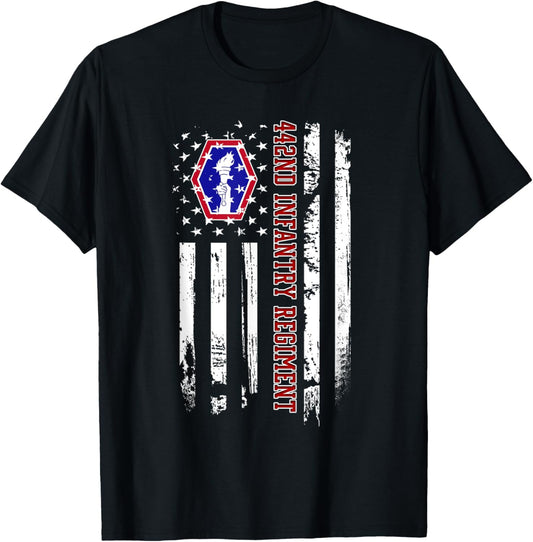 442nd Infantry Regiment Veteran USA Flag Veterans Day Xmas T-Shirt - T-Shirt | Black