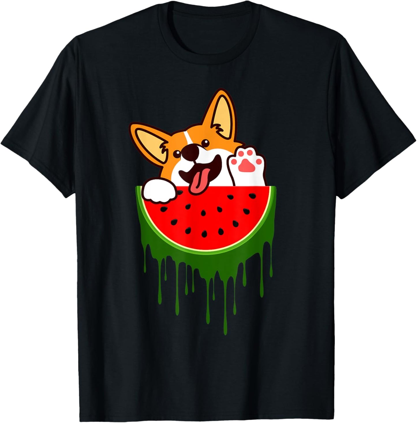 Cute Welsh Corgi Dog Watermelon Melon Tropical Fruit Lovers T-Shirt - T-Shirt | Black