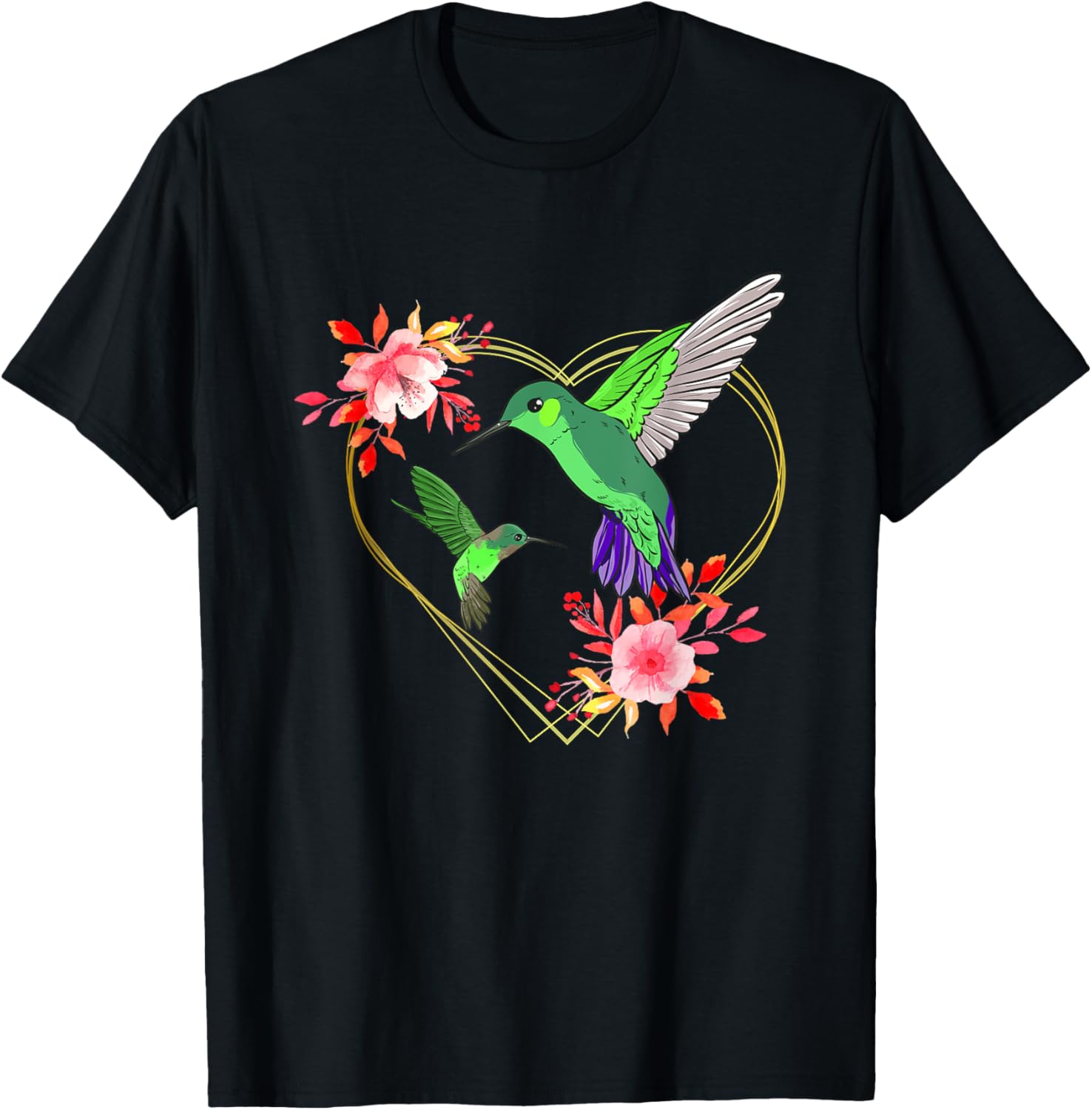 Hummingbird Red Heart Flowers Humminbird Hummingbird Bird T-Shirt - T-Shirt | Black