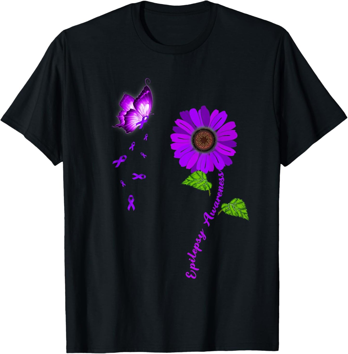Epilepsy Awareness Purple Butterfly Sunflower Ribbon T-Shirt - T-Shirt | Black