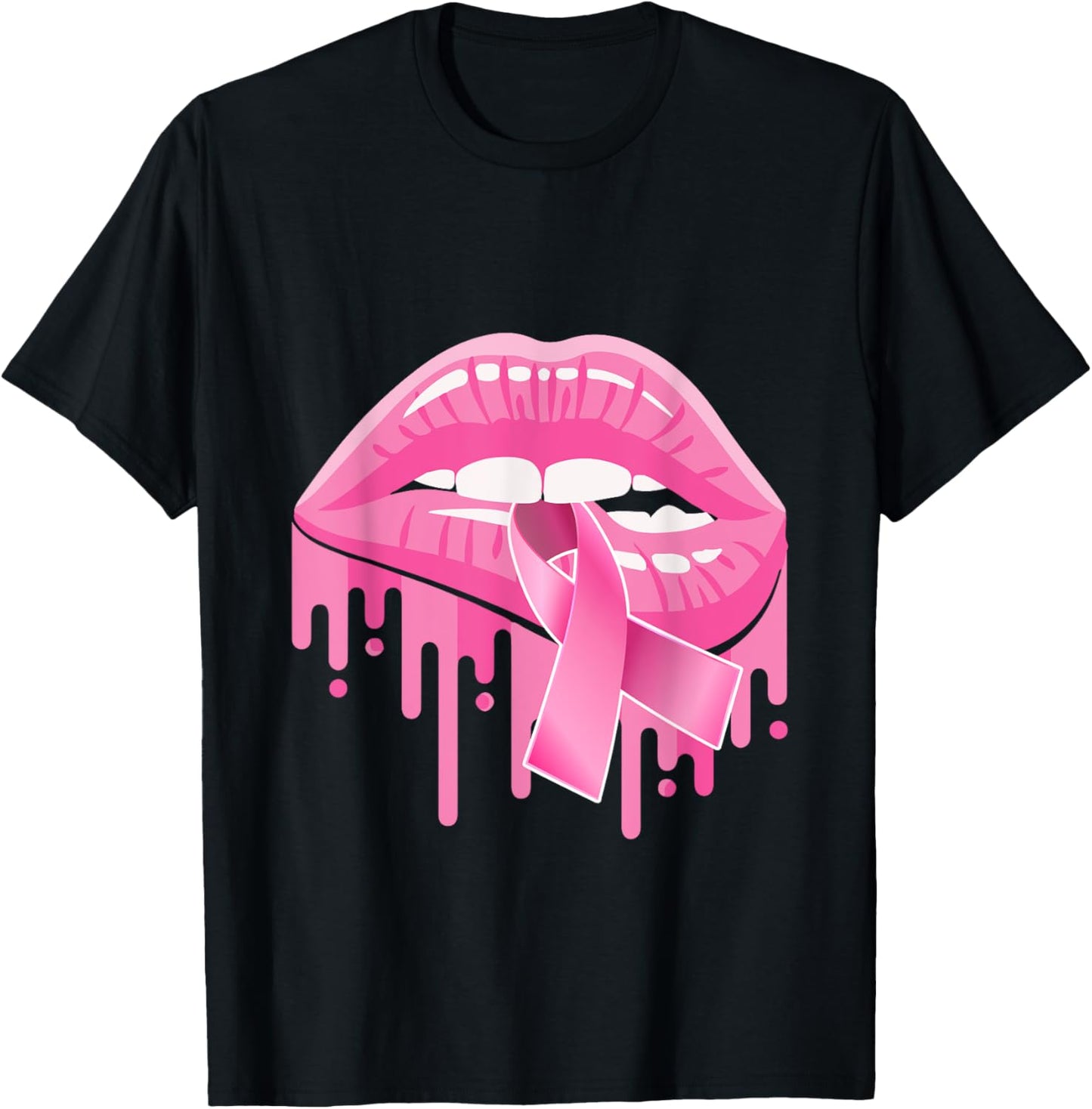 Breast Cancer Awareness Women Sexy Lips Pink Ribbon T-Shirt - T-Shirt | Black