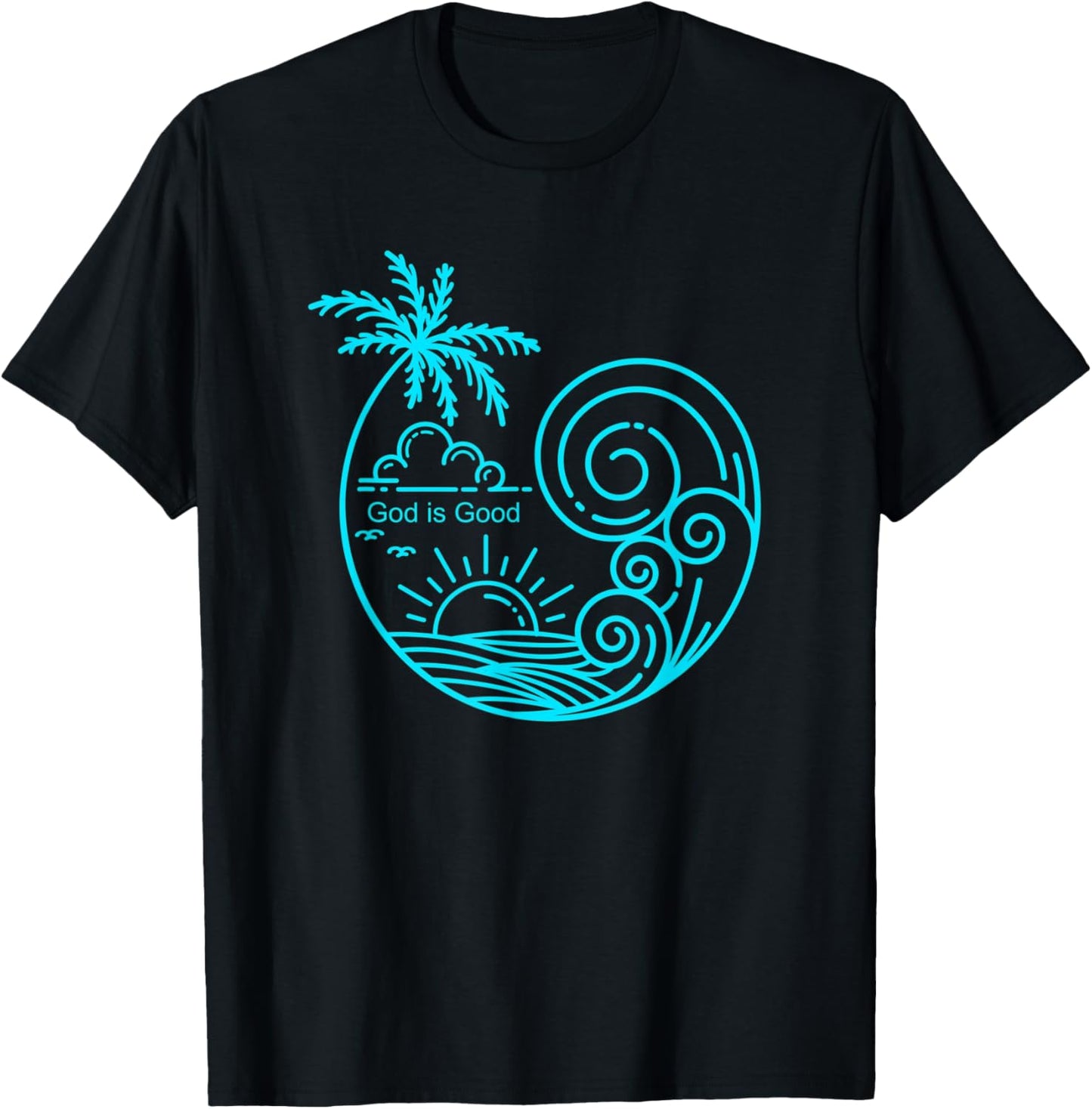 Christian Tropical Wave Beach Line Art Graphic Design T-Shirt - T-Shirt | Black