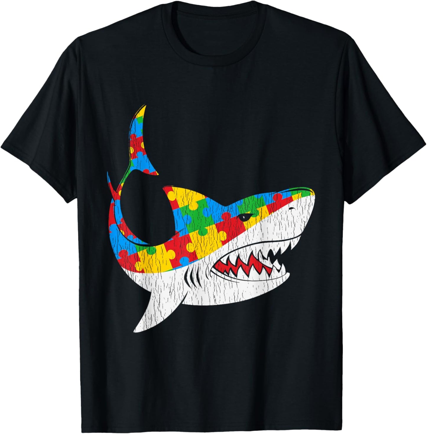 Vintage Shark Puzzle Autistic Kids Autism Awareness Shark T-Shirt - T-Shirt | Black