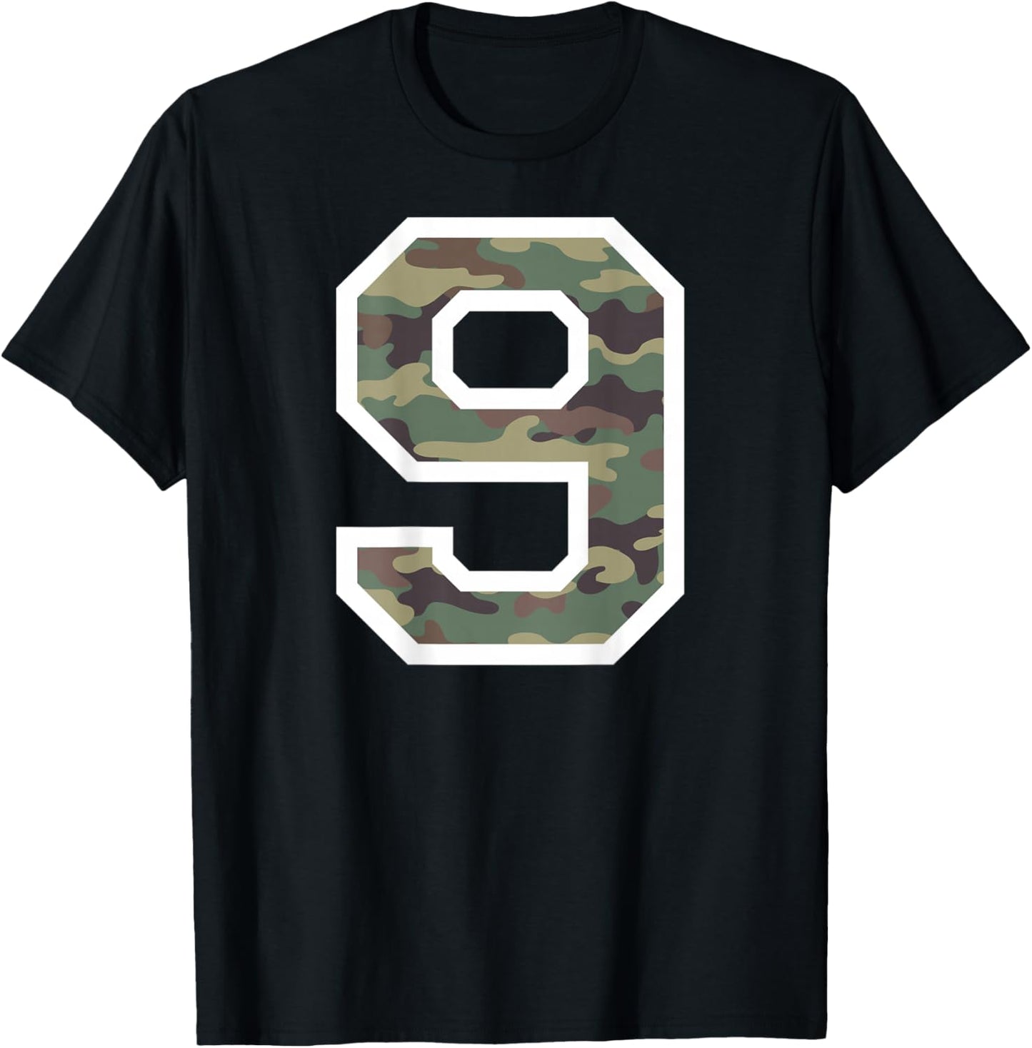 Jersey Number #9 Nine, Camo Camouflage Sports, 9th Birthday T-Shirt - T-Shirt | Black