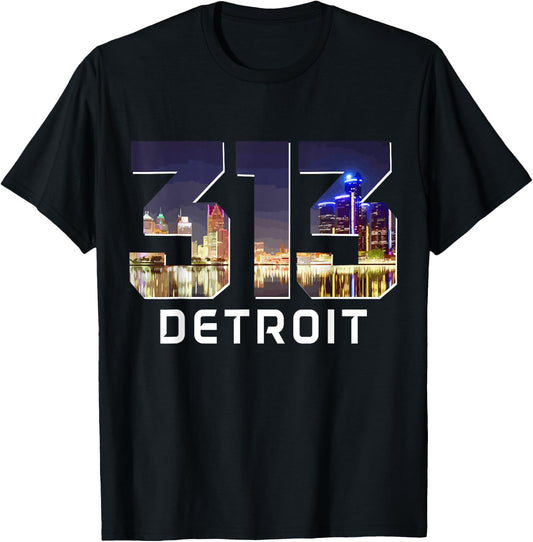 313 Detroit Area Code Night Skyline Vintage Pride Michigan T-Shirt - T-Shirt | Black