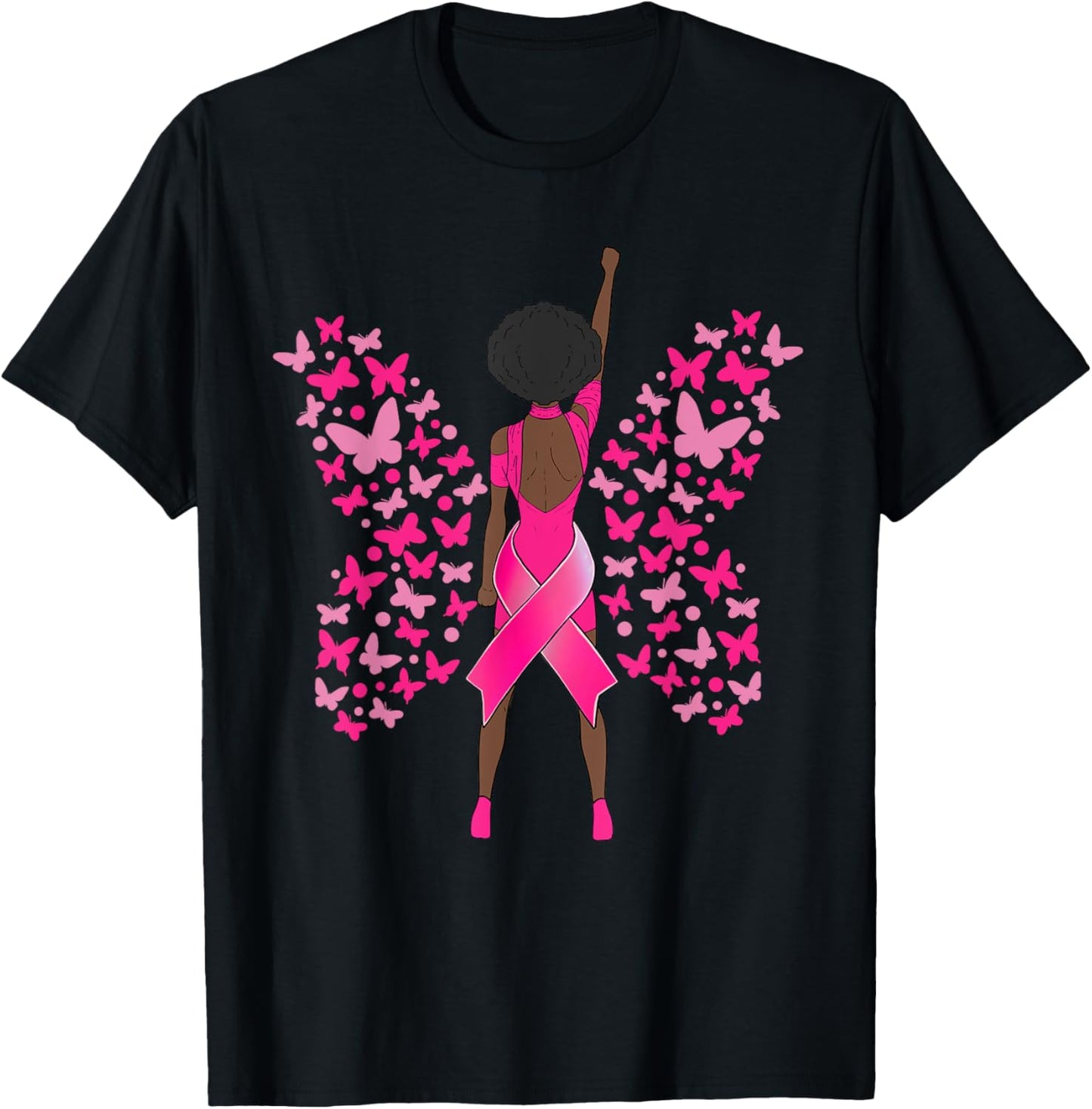 Breast Cancer Awareness Pink Butterflies African American T-Shirt - T-Shirt | Black