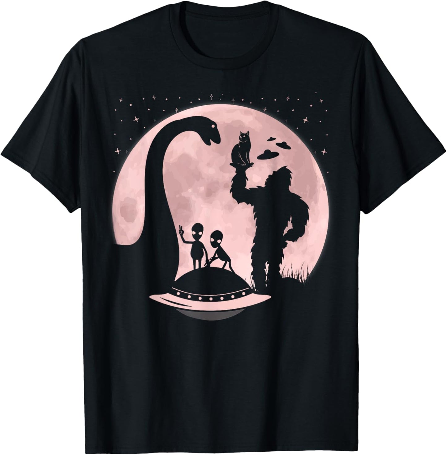 Bigfoot Loch Ness Monster Sasquatch Cat Ufo Funny Aliens Women Kids T-Shirt - T-Shirt | Black
