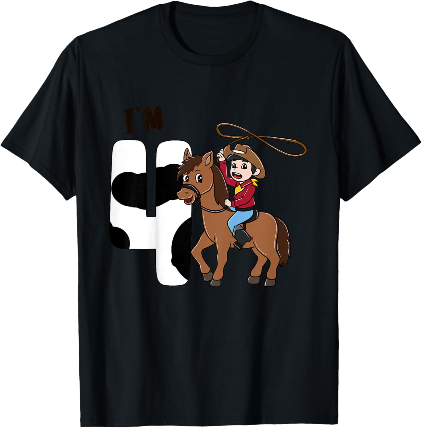 Kids I'm 4 Cute Horse Riding Cowboy 4th Birthday Boys T-Shirt - T-Shirt | Black