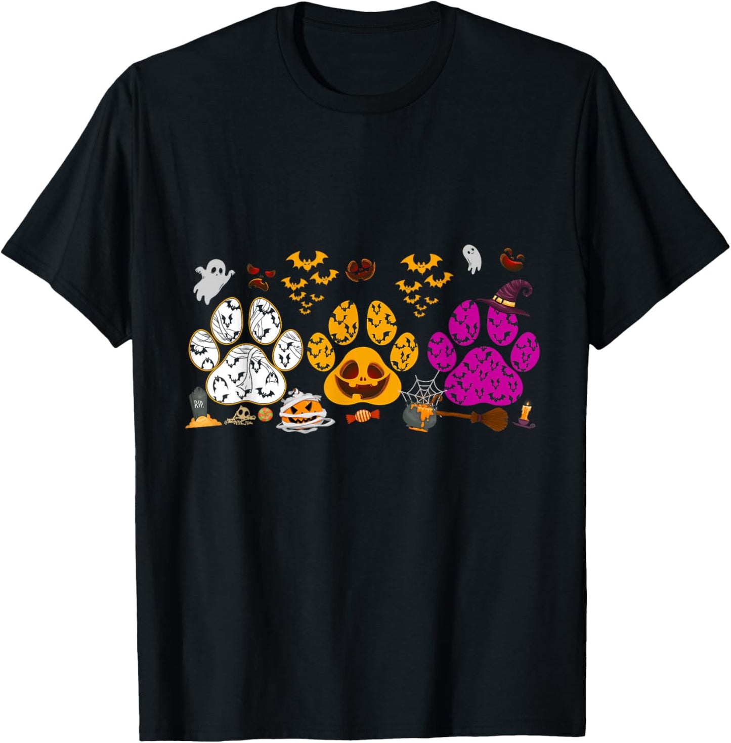 Funny Paw Print Halloween Dog Candy Pumpkin Ghost Dog Lovers T-Shirt - T-Shirt | Black