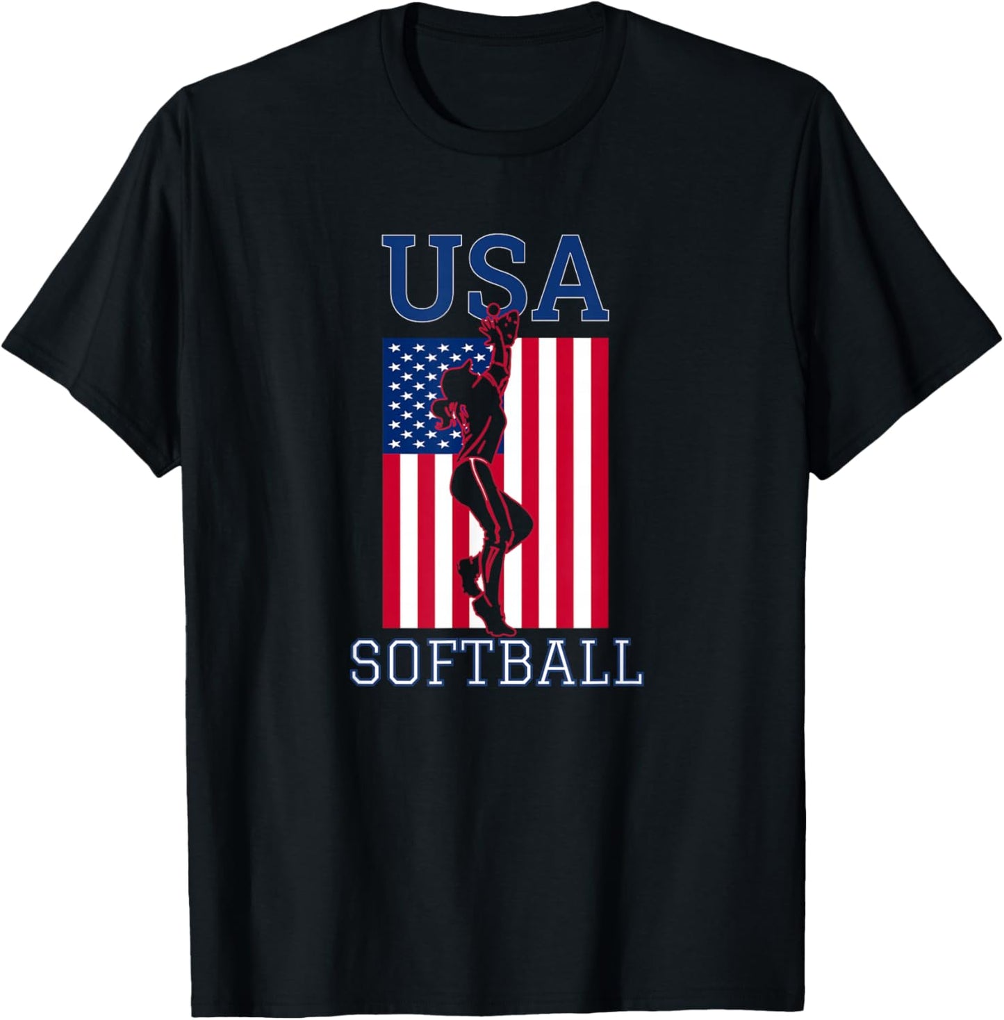 USA Team Women Sports Patriotic American Flag Girls Softball T-Shirt - T-Shirt | Black
