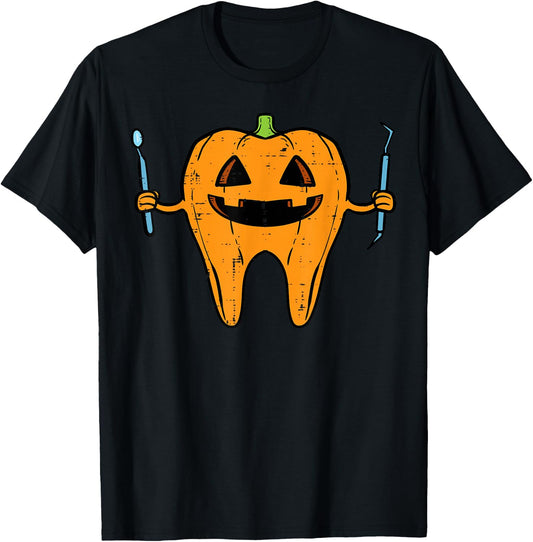 Halloween Dentist Tooth Pumpkin Dental Costume Men Women Kid T-Shirt - T-Shirt | Black