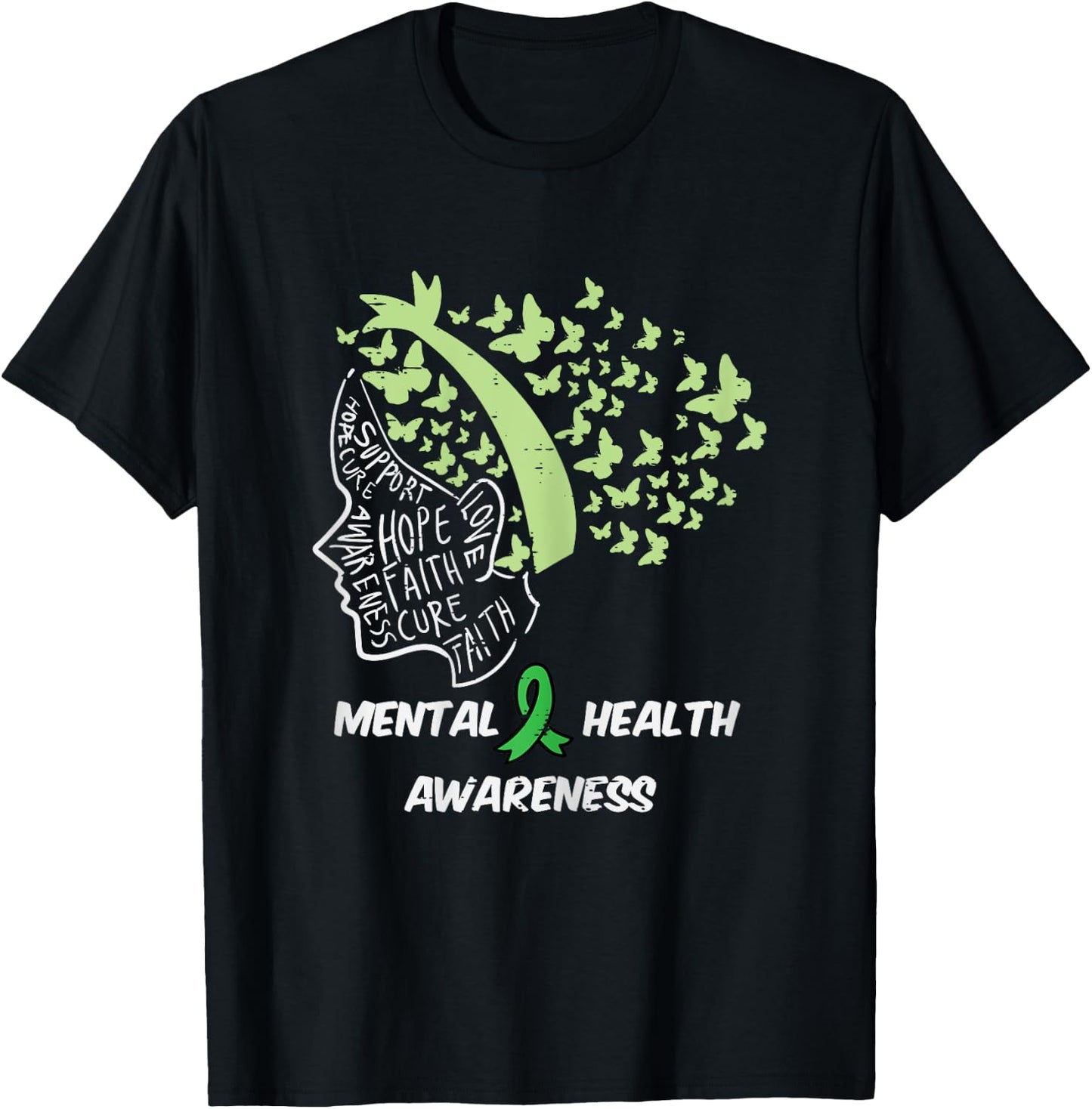 Mental Health Hope Cure Butterfly Hair Aware Girl Kids Women T-Shirt - T-Shirt | Black