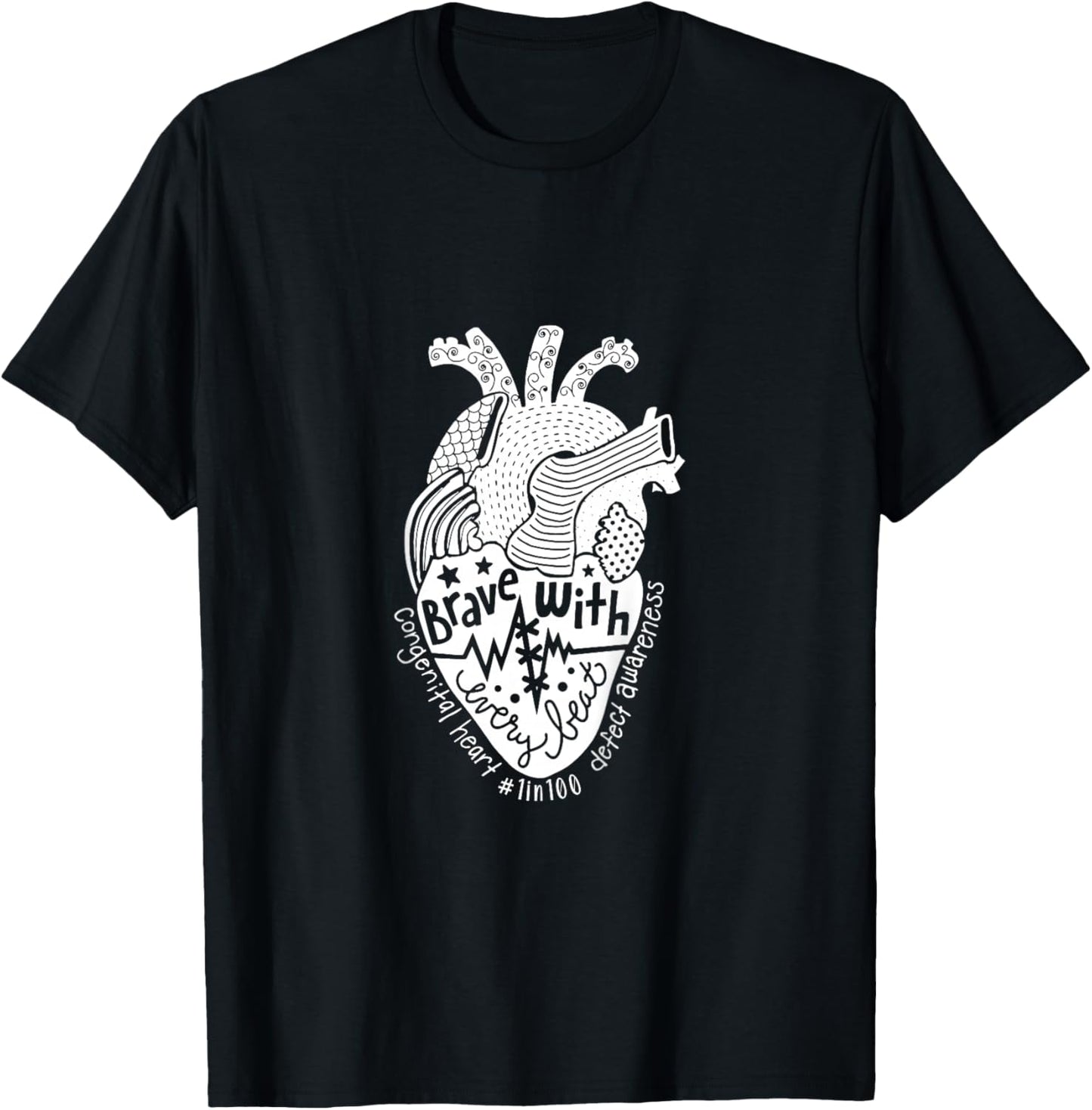 Kids Brave With Every Beat Congenital Heart Warrior 1 In 100 CHD T-Shirt - T-Shirt | Black