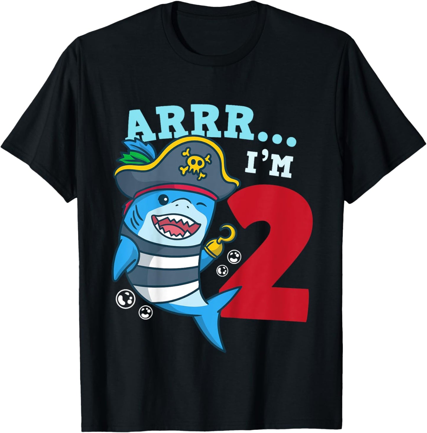 Kids 2nd Birthday Pirate Shark I’m 2 Two Years Old Gift T-Shirt - T-Shirt | Black