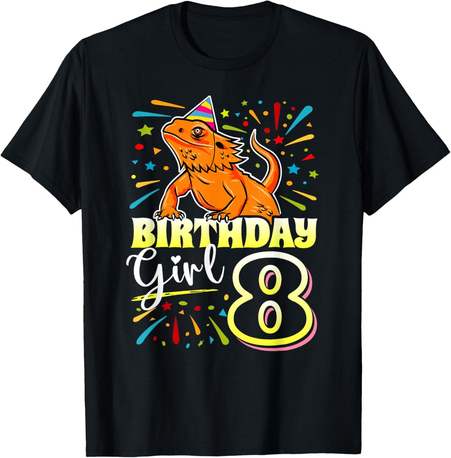 Bearded Dragon Lizard Kids 8th Birthday - 8 Year Old Girl T-Shirt - T-Shirt | Black