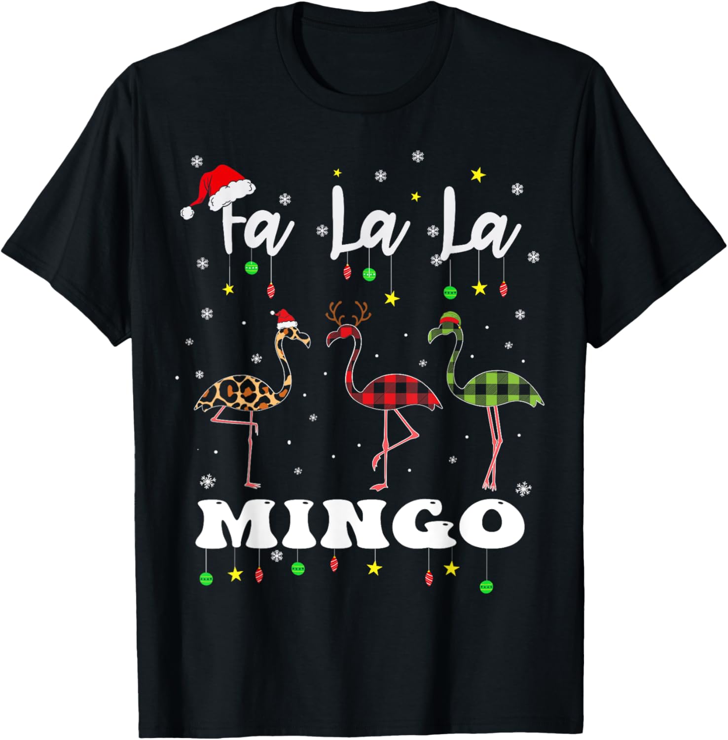 Fa La La Mingo Christmas Flamingo Tree Lights Santa Family T-Shirt - T-Shirt | Black