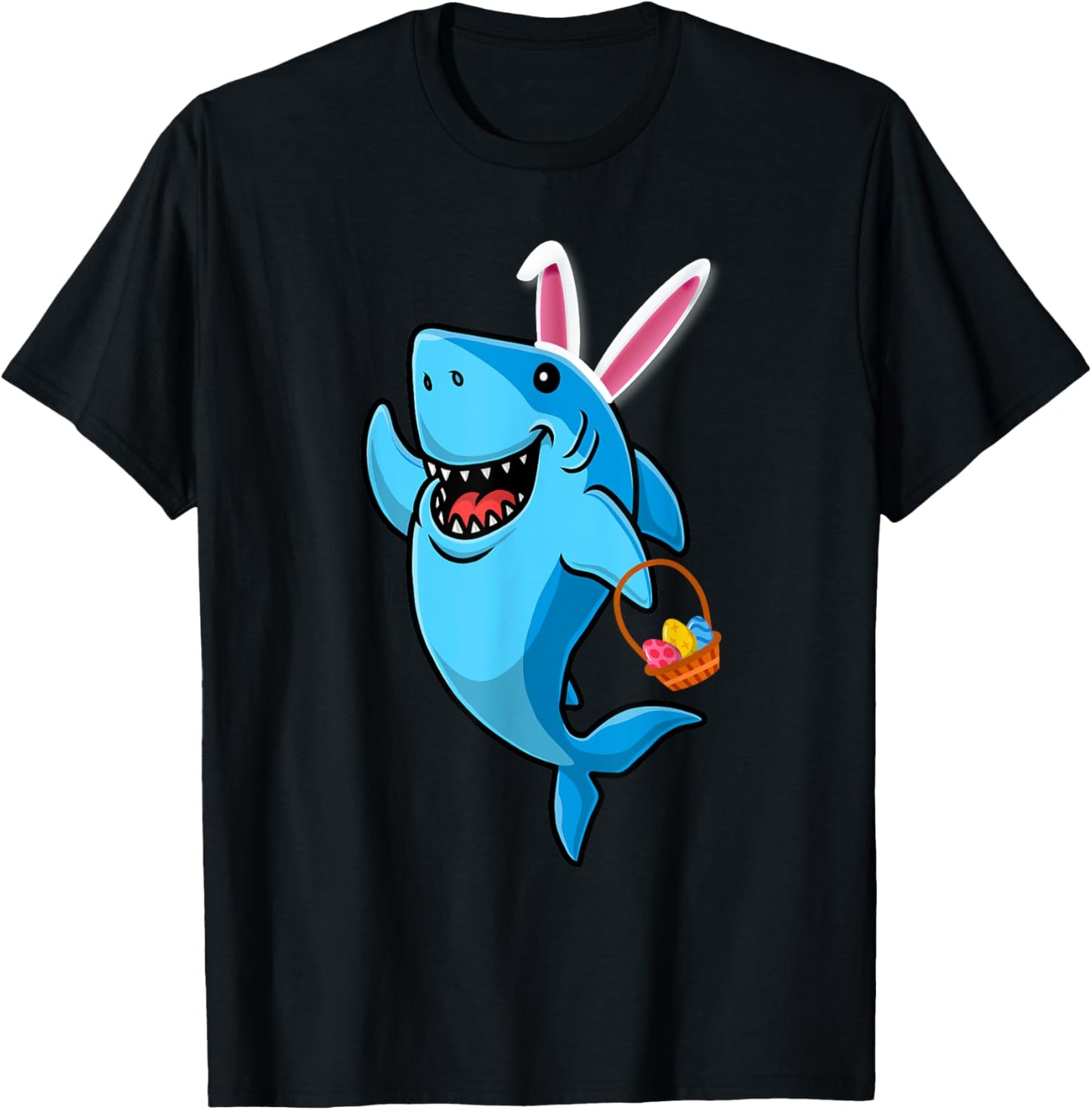 Cute Shark with Easter Basket and Bunny Ears Happy Easter T-Shirt - T-Shirt | Black