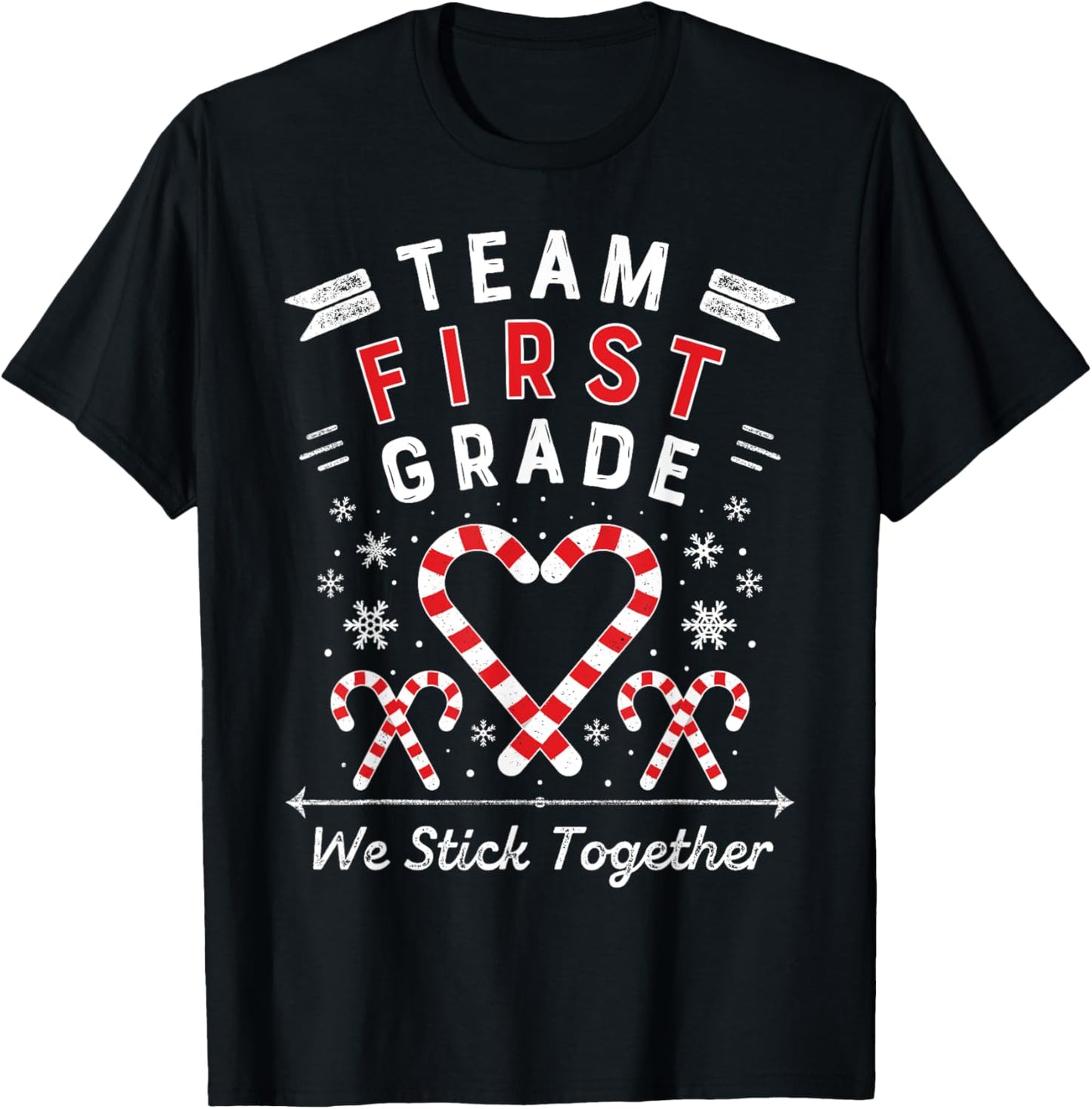 Team First Grade Christmas Candy Cane Heart 1st Xmas Teacher T-Shirt - T-Shirt | Black