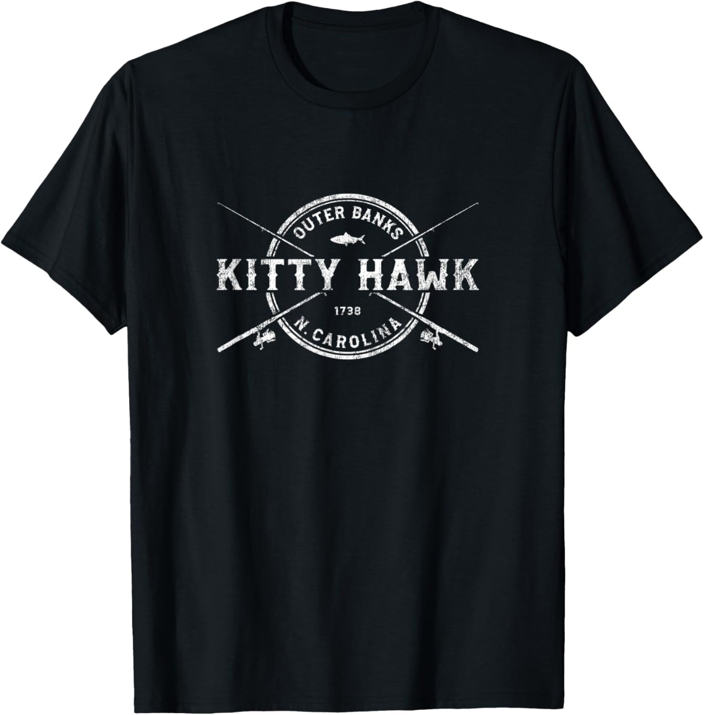 Kitty Hawk NC Vintage Crossed Fishing Rods T-Shirt - T-Shirt | Black
