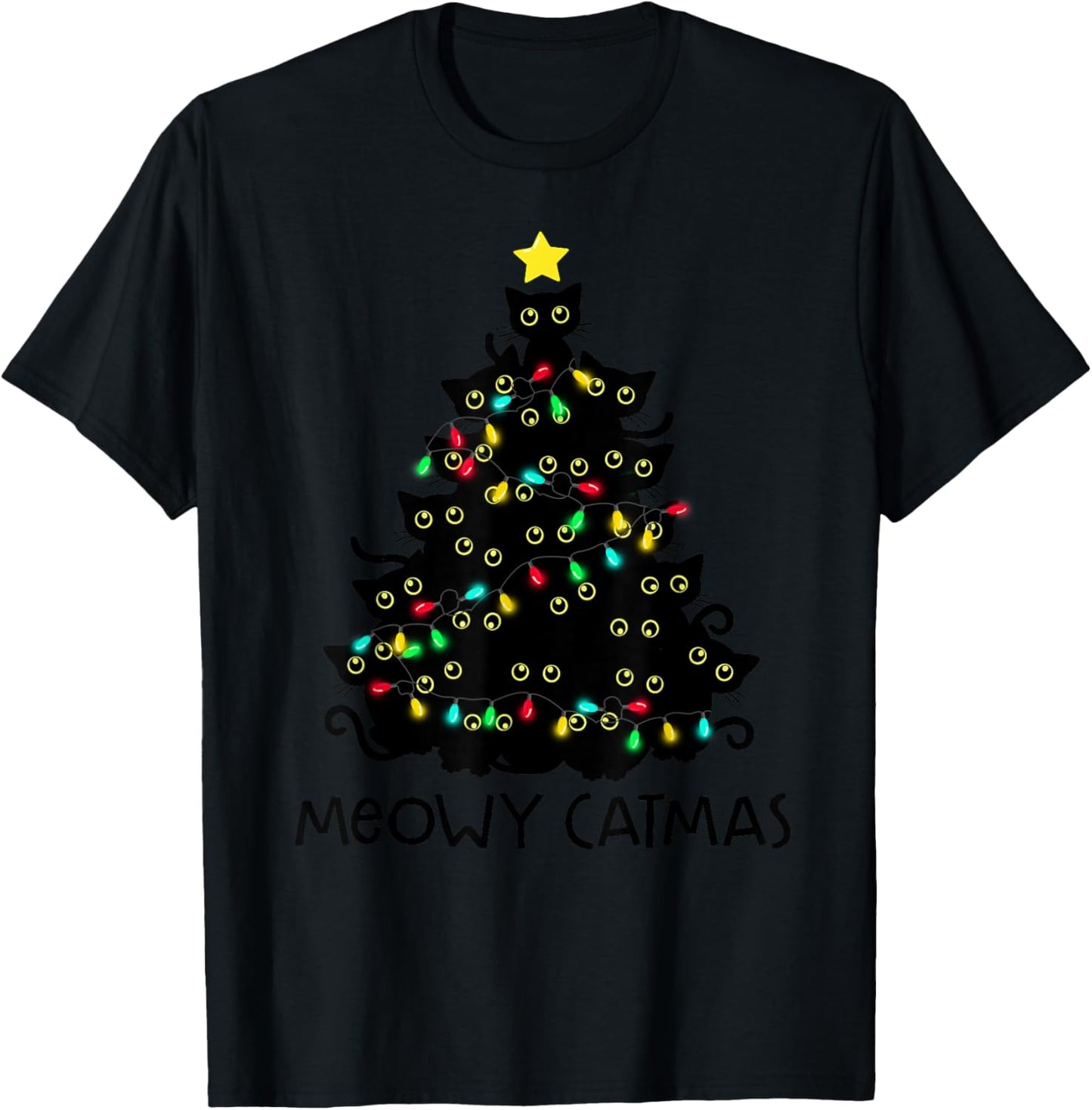 Merry Catmas Cat Christmas Tree Kids Girls Boys Meowy Catmas T-Shirt - T-Shirt | Black