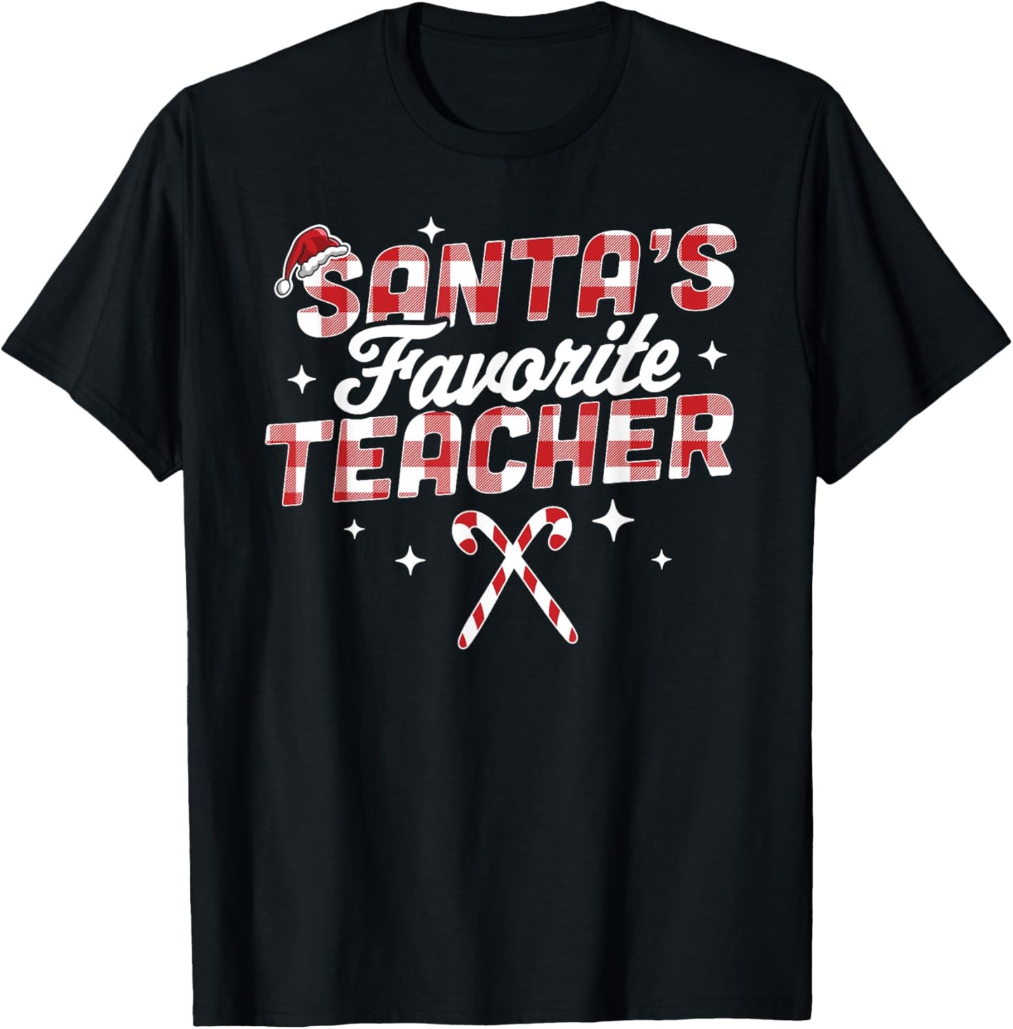 Santa's Favorite Teacher Christmas Santa Hat Candy Cane Xmas T-Shirt - T-Shirt | Black