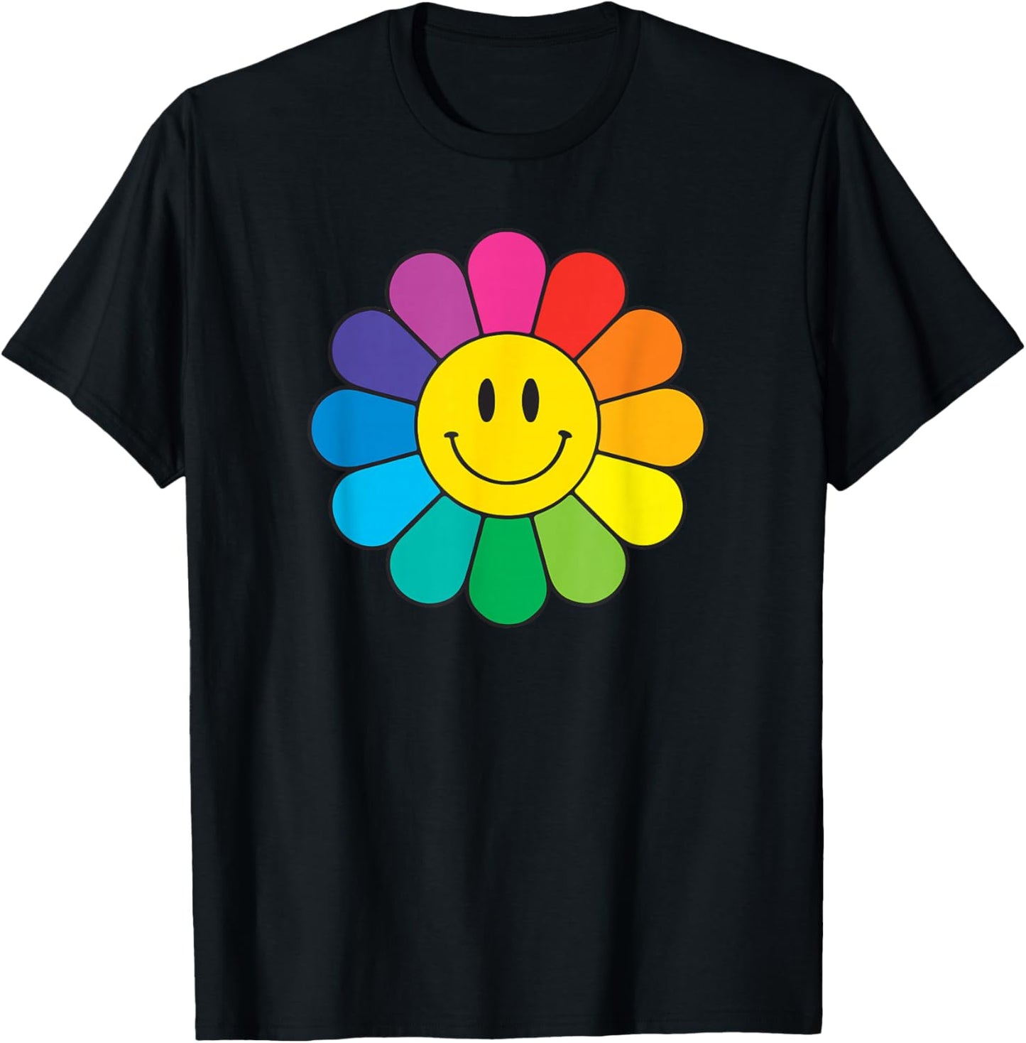 Happy Retro Rainbow Flower T-Shirt - T-Shirt | Black