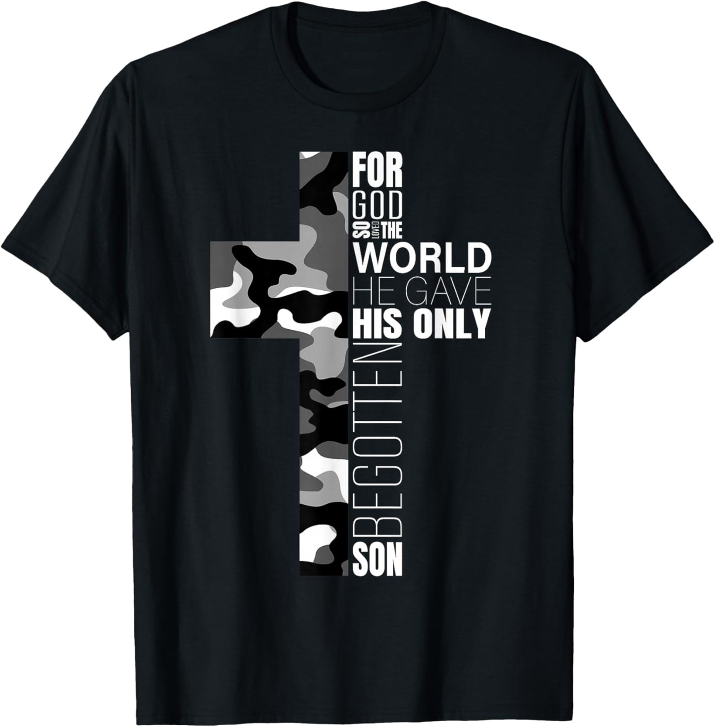 Camo Christian Cross Bible Verse Gifts Men Kids John 3 16 T-Shirt - T-Shirt | Black
