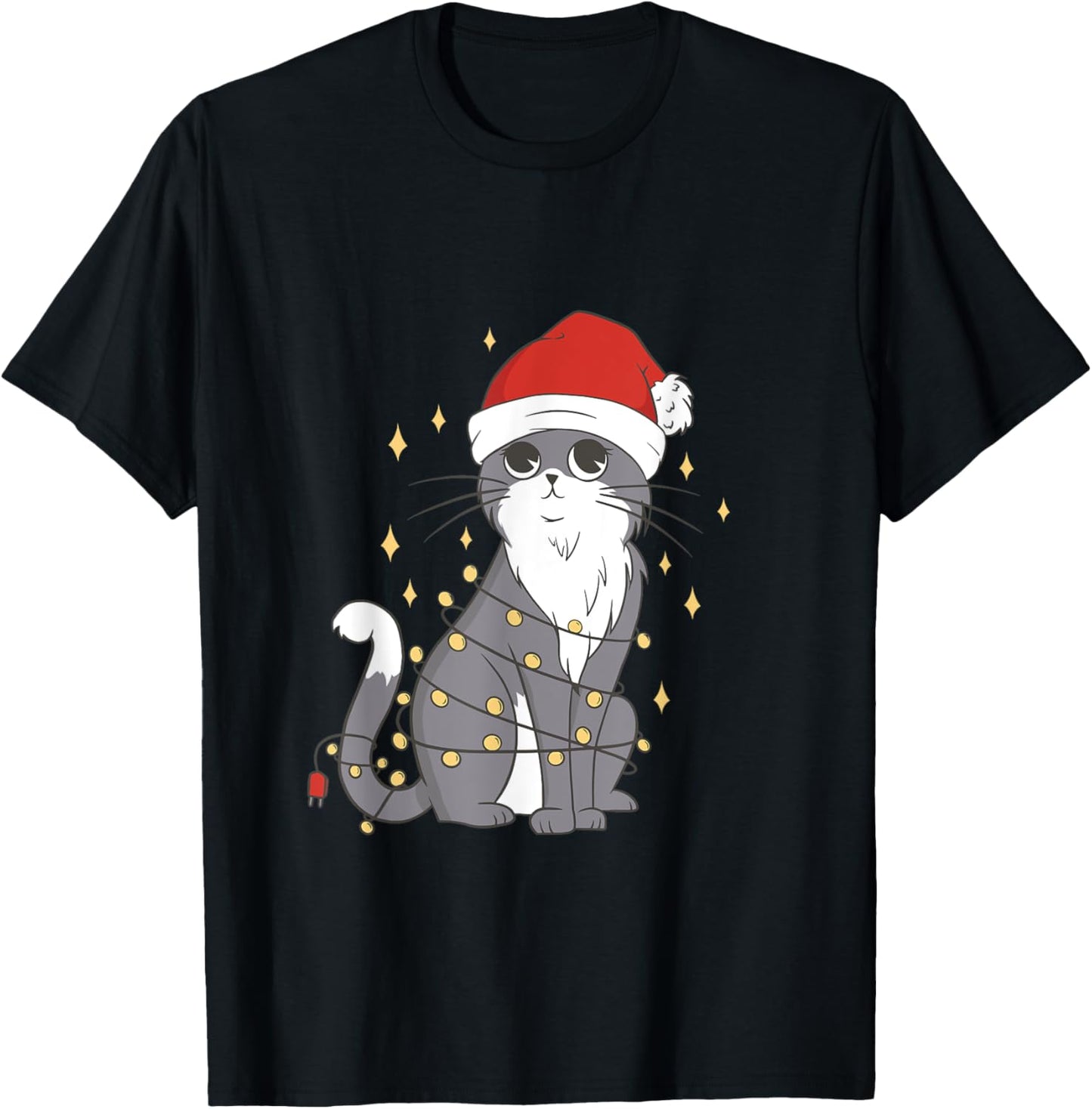 Cat Christmas Hat Christmas Lights Cute Cat Christmas Women Girls Kids T-Shirt - T-Shirt | Black