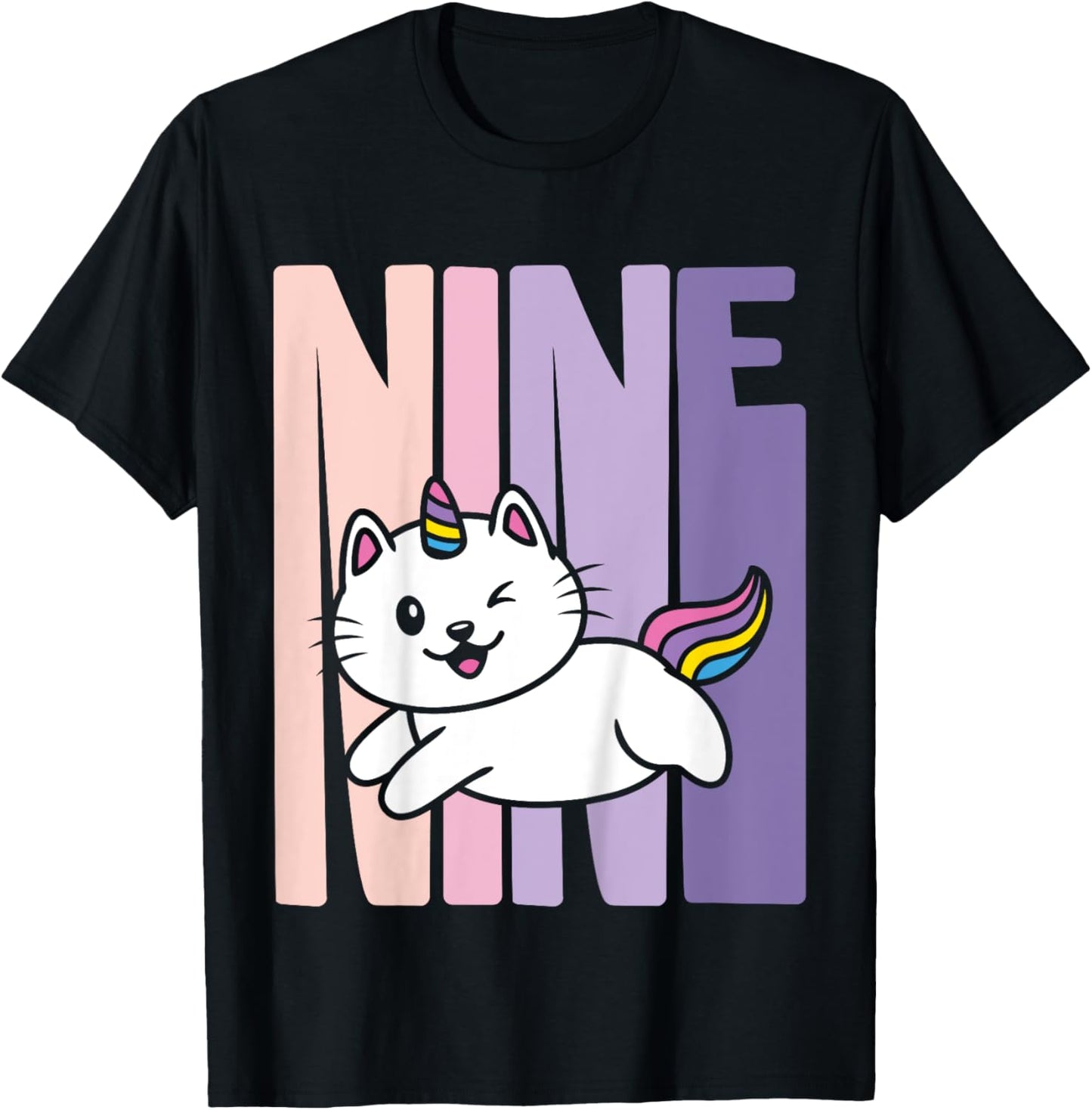 9 Year Old Cute Caticorn Cat Unicorn Birthday Girl B-day T-Shirt - T-Shirt | Black
