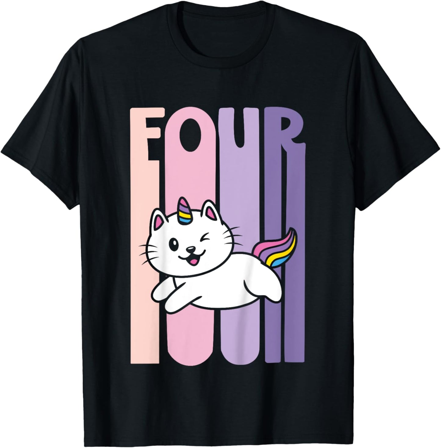 4 Year Old Cute Caticorn Cat Unicorn Birthday Girl B-day T-Shirt - T-Shirt | Black