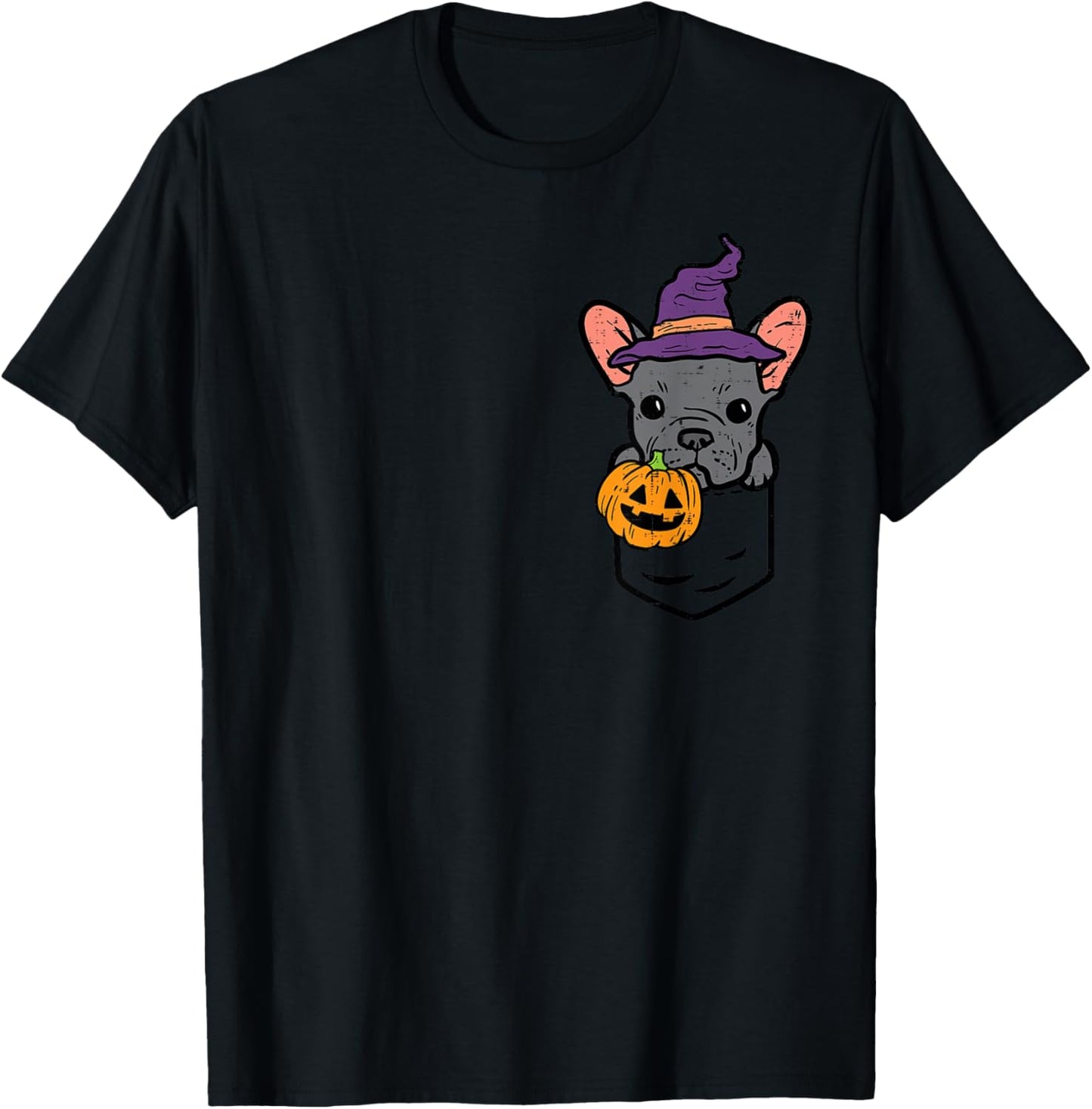 Pocket French Bulldgo Witch Pumpkin Halloween Frenchie Dog T-Shirt - T-Shirt | Black
