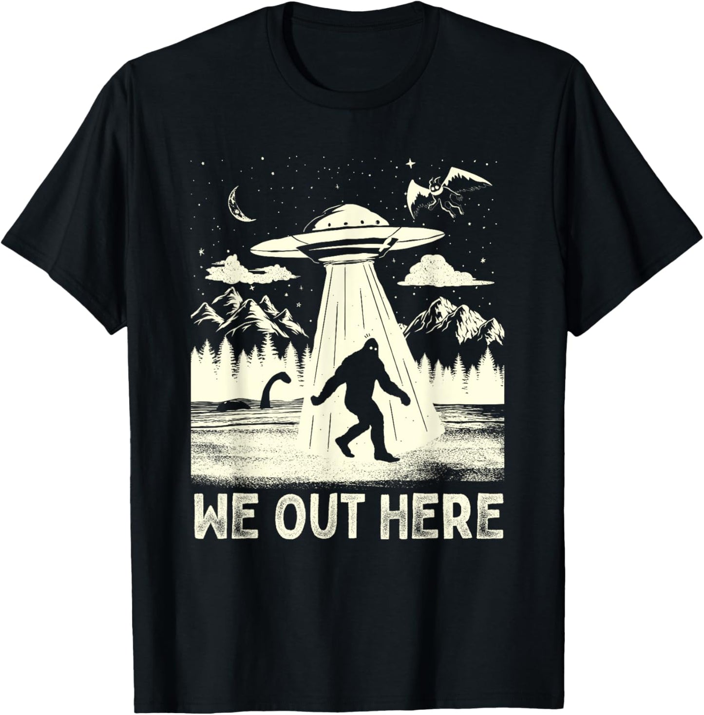 We Out Here Funny Bigfoot Mothman Cryptid UFO Abduction T-Shirt - T-Shirt | Black