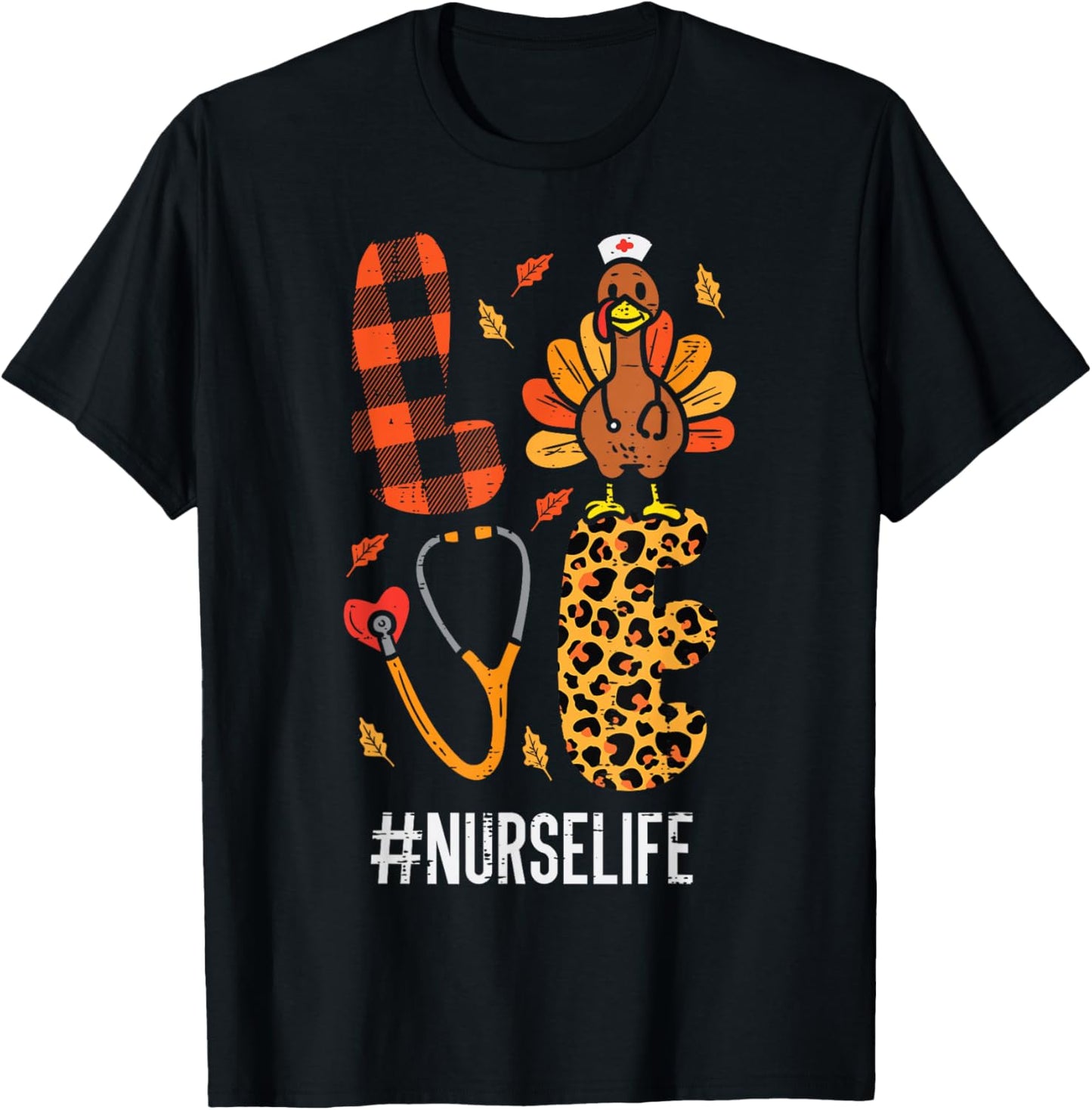 Love Turkey Stethoscope Nurse Thanksgiving Fall Scrub Women T-Shirt - T-Shirt | Black