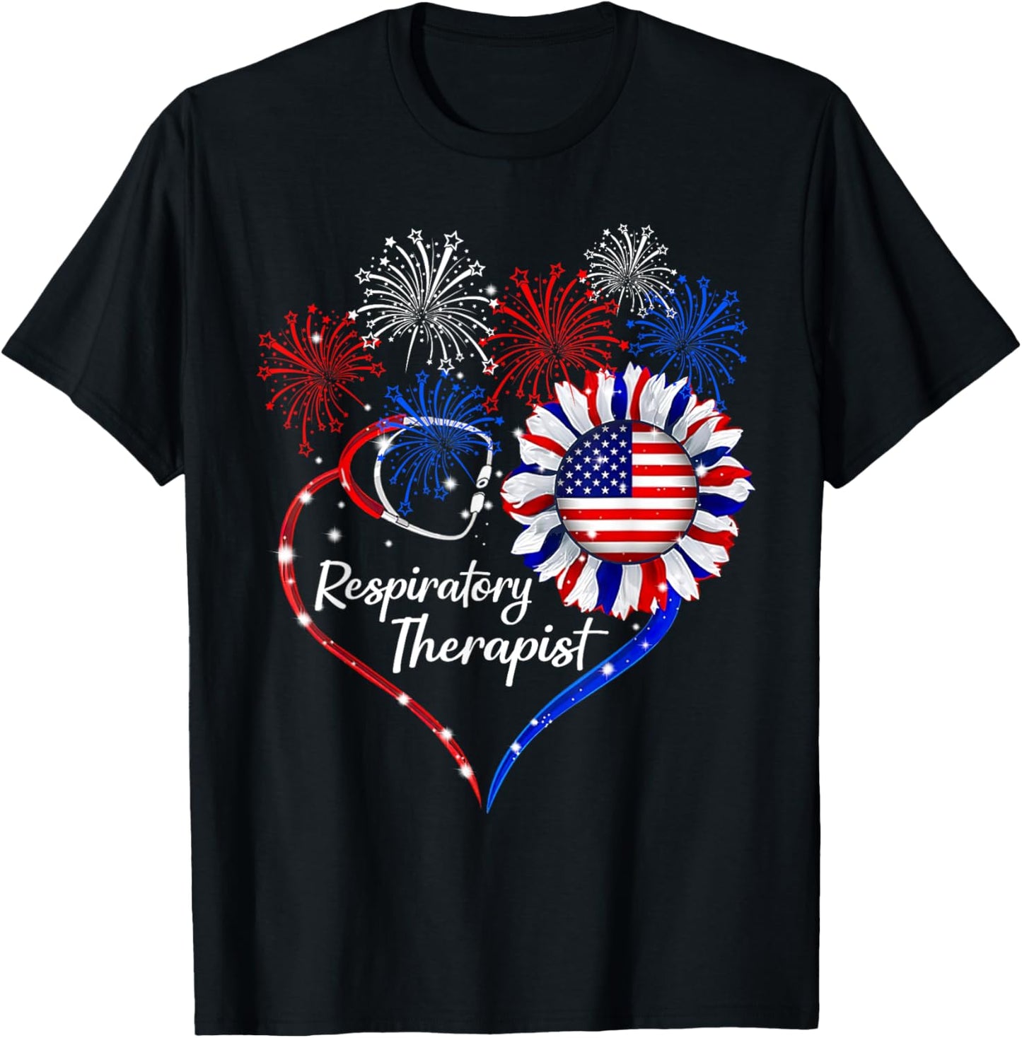 Patriotic Respiratory Therapist Sunflower 4th Of July Flag T-Shirt - T-Shirt | Black
