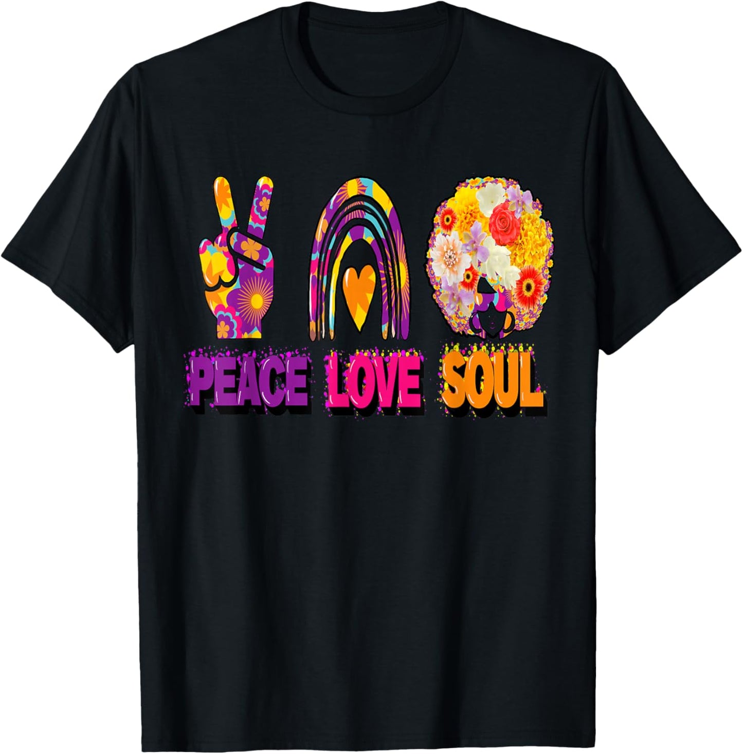 Peace Love and Soul Groovy Hippie Retro Sign Heart Afro T-Shirt - T-Shirt | Black