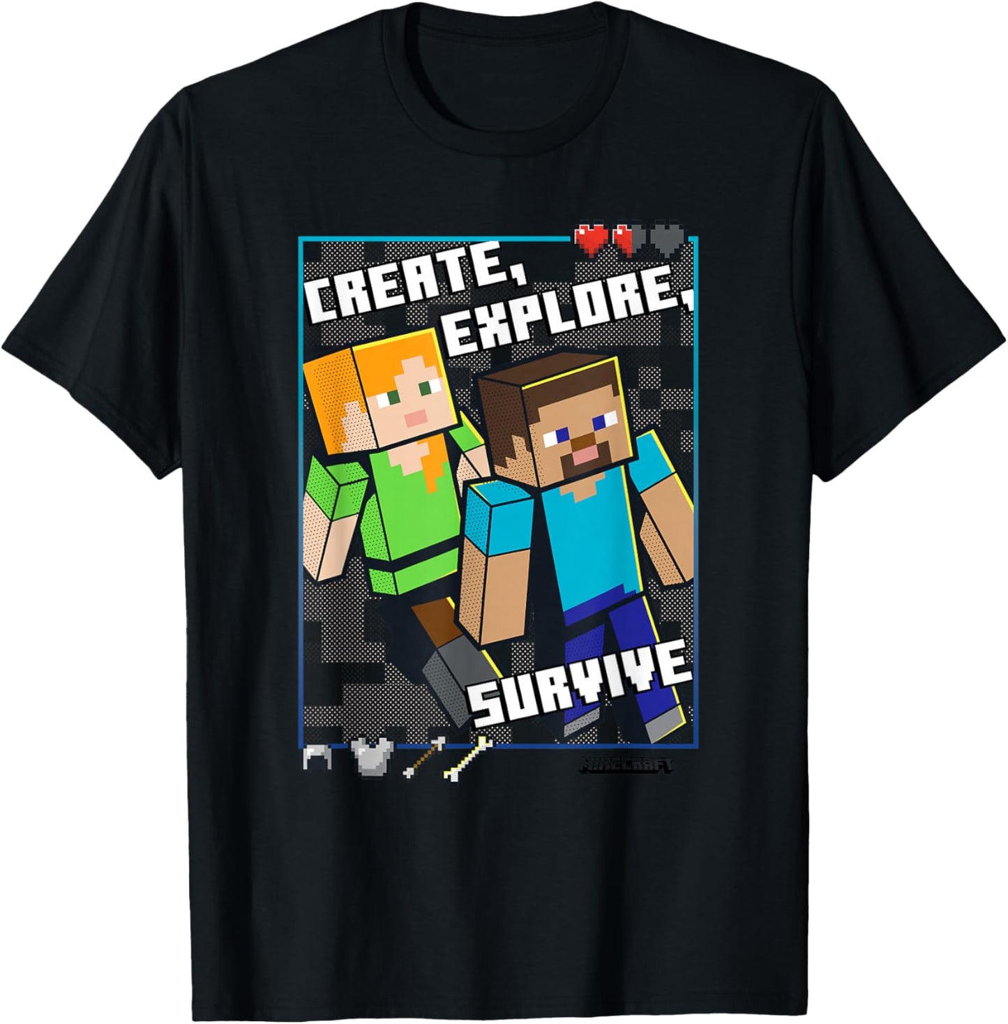Minecraft Steve and Alex Create Explore Survive Box Up T-Shirt - T-Shirt | Black