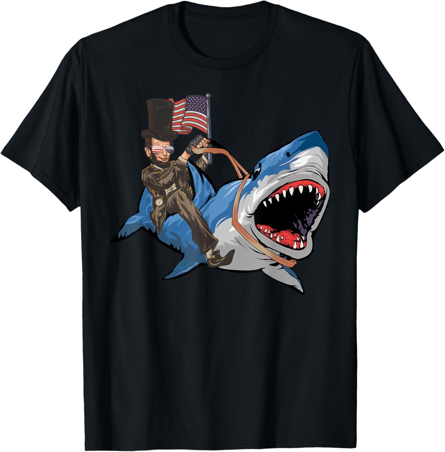 Abe Lincoln Riding Shark - Shark Lovers Shark 4th of July T-Shirt - T-Shirt | Black