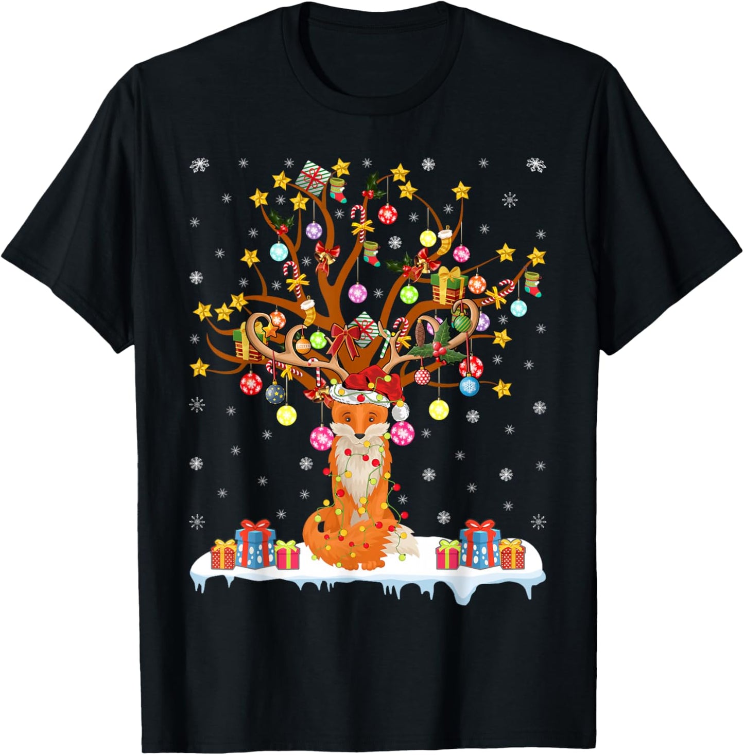 Fox Xmas Lighting Tree Santa Fox Christmas Tree T-Shirt - T-Shirt | Black