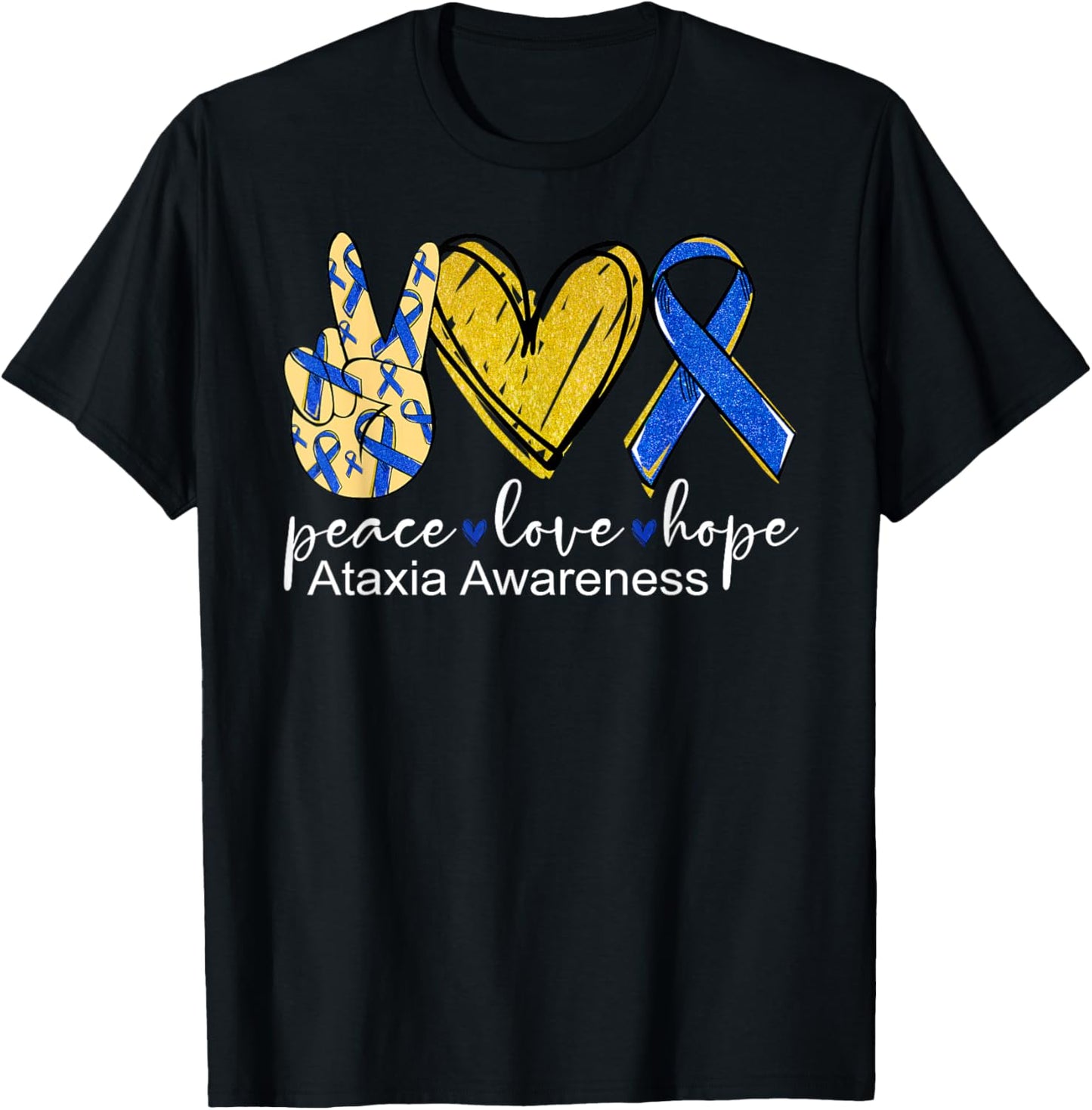 Peace Love Hope Ataxia Awareness Shirt Blue Ribbon T-Shirt - T-Shirt | Black
