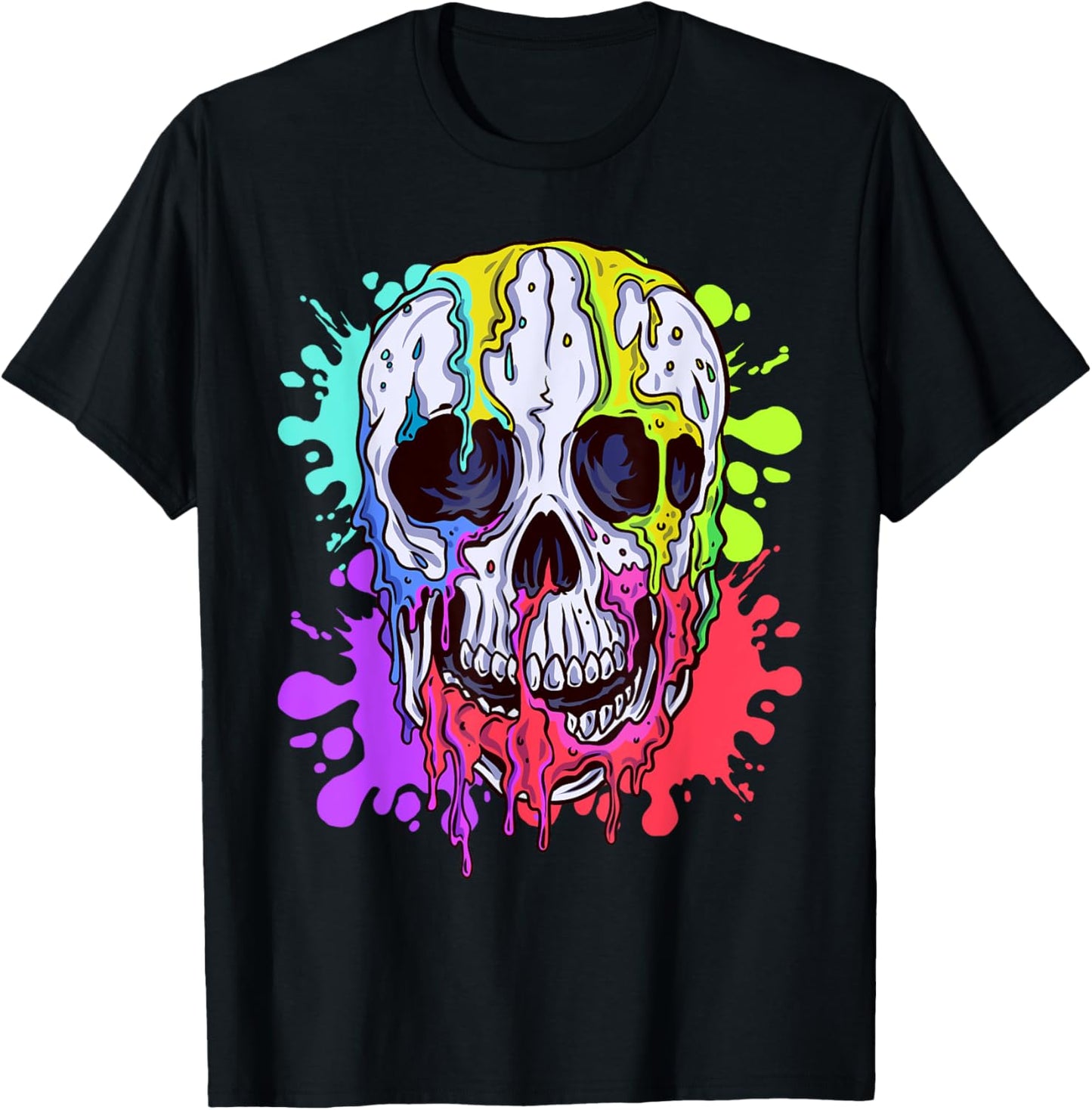 Melting Skull Colorful Paint Drip Graphic T-Shirt - T-Shirt | Black