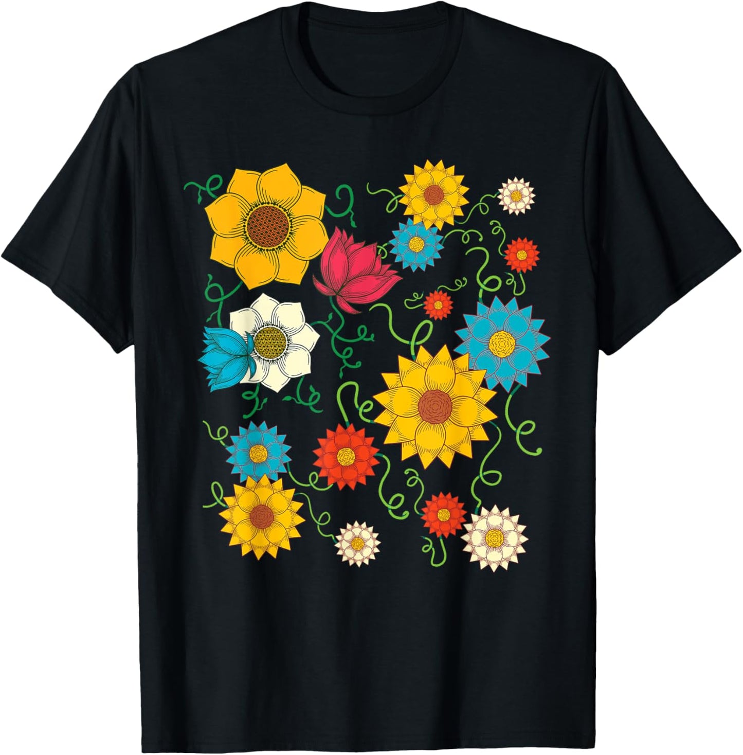 Beautiful Wildflowers Colorful Garden Flower Botanical T-Shirt - T-Shirt | Black