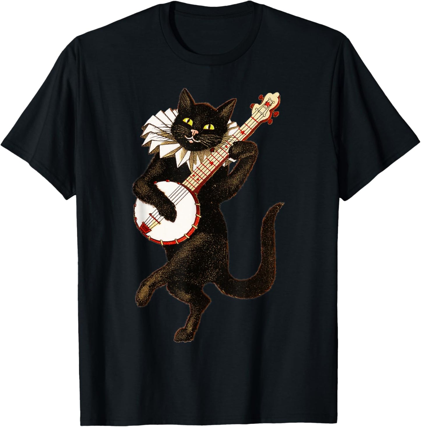 Vintage Silly Weird Cat Playing Banjo Country Cat Lover T-Shirt - T-Shirt | Black