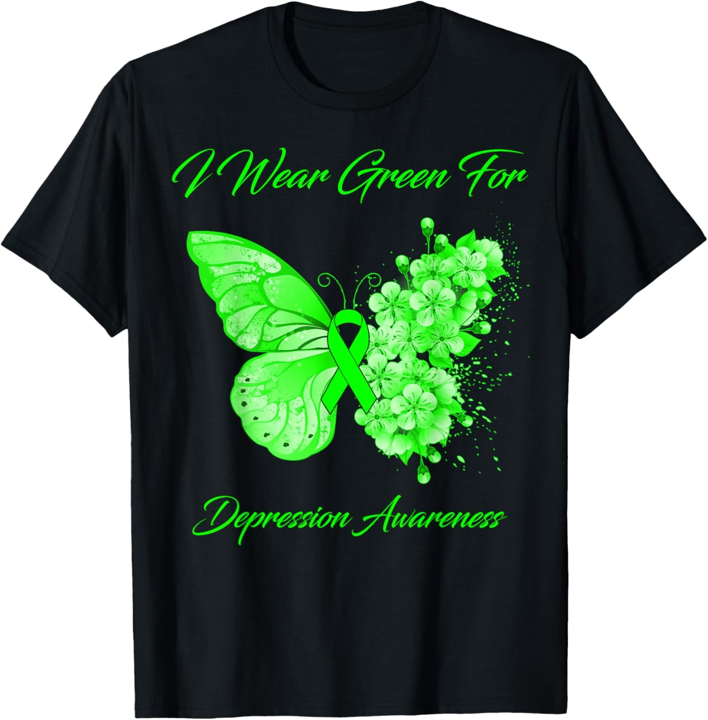 Butterfly I Wear Green For Depression Awareness T-Shirt - T-Shirt | Black