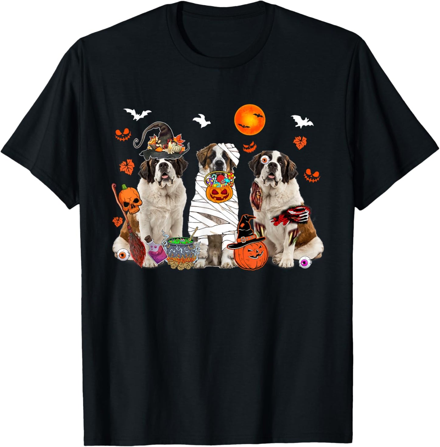 Three St. Bernard Dogs Witch Scary Mummy Halloween Zombie T-Shirt - T-Shirt | Black