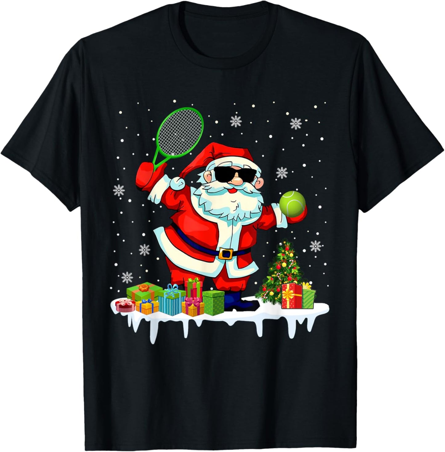 Santa Playing Tennis Funny Christmas Santa Tennis Lover T-Shirt - T-Shirt | Black