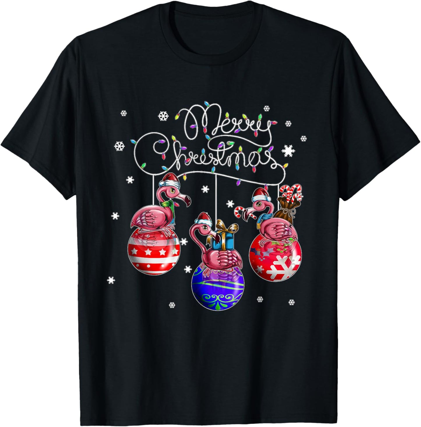 Merry Christmas Flamingo Christmas Ball Motif Christmas T-Shirt - T-Shirt | Black