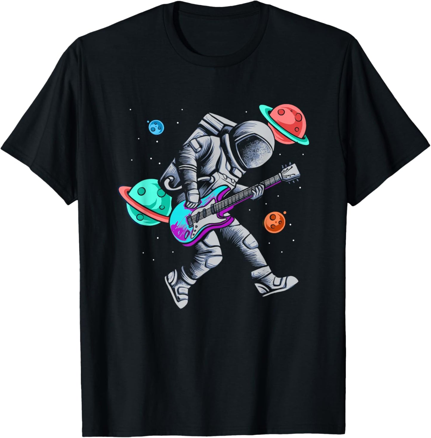 Astronaut Playing Guitar Space Planets Musician T-Shirt - T-Shirt | Black