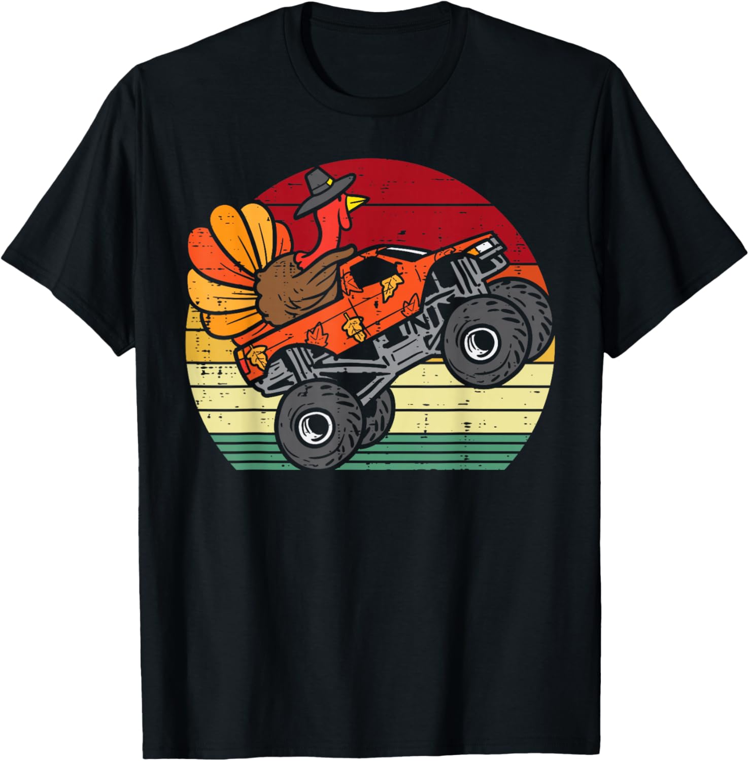 Monster Truck Turkey Sunset Retro Thanksgiving Boys Kids T-Shirt - T-Shirt | Black